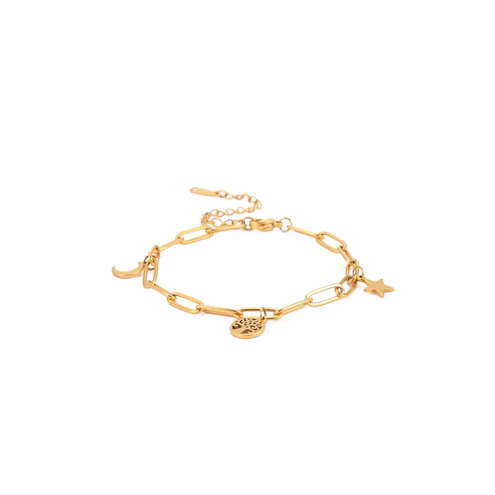 Triple Moon Goddess & Pentagram Bracelet for Women - Stainless Steel Pagan Amulet Wicca Jewelry - Gold & Silver Chain Star Bracelet - Perfect for Teen Girls, Magic Rituals, Valentine’s Day Gifts & Spiritual Protection