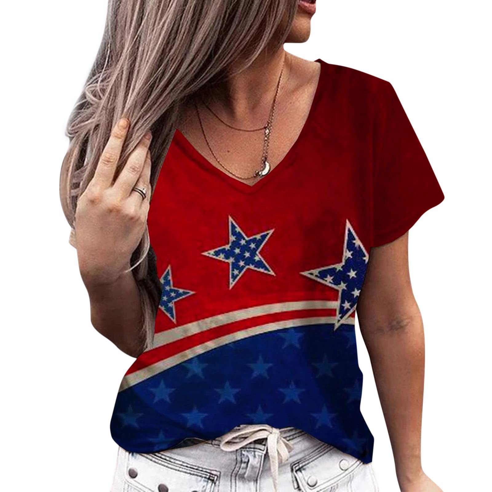 Women's Hand-Painted American Flag V-Neck T-Shirt - Short Sleeve Pullover Top for Independence Day & July 4th (Red, Medium) | Summer Casual Wear, Workout Shirt, Spring Fashion | Dressy Tunic Top to Wear with Leggings | Trendy Ladies Blouse for Going Out & Daily Outfits