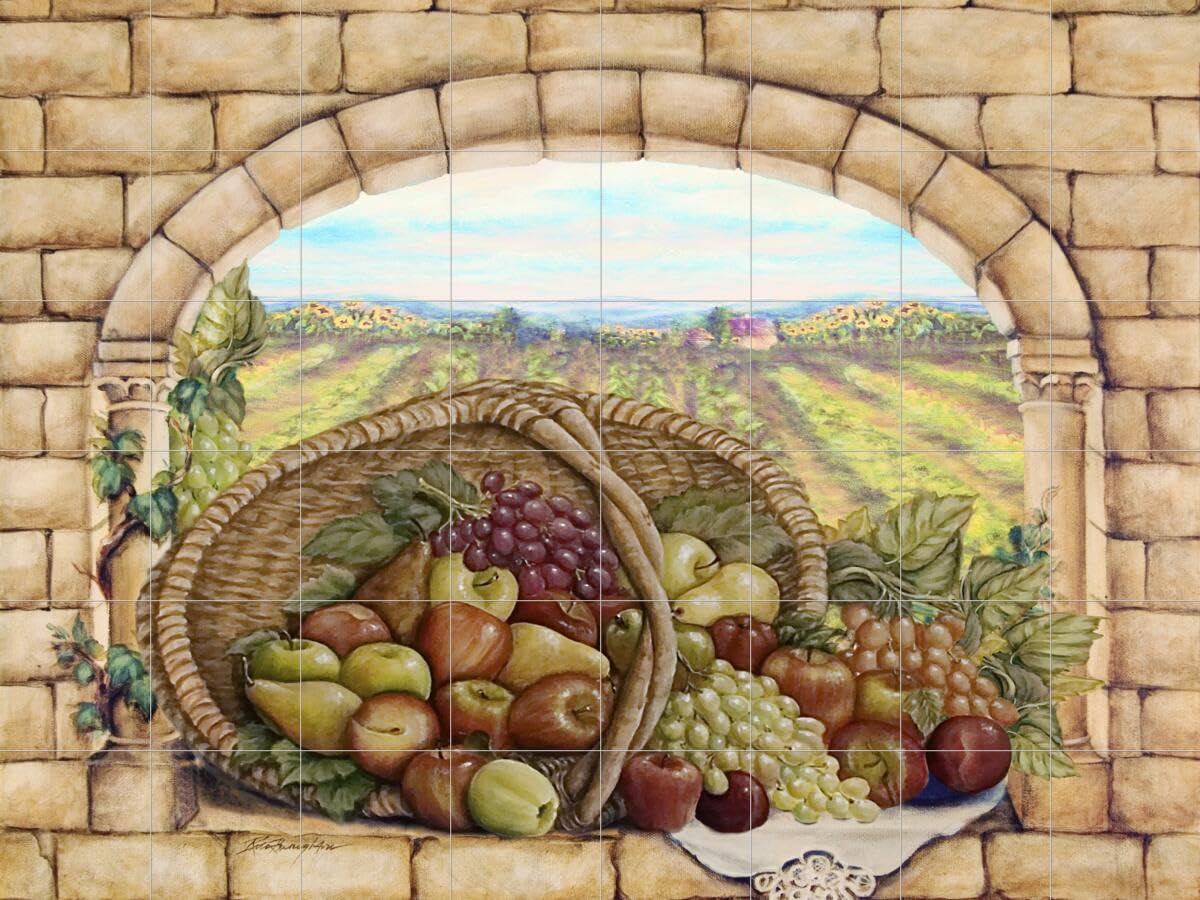 Ceramic Backsplash Tile Mural with Basket and Apples Design - Handcrafted Kitchen Wall Decor by Rita Broughton - Perfect for Farmhouse, Cottage & Rustic Style Kitchens