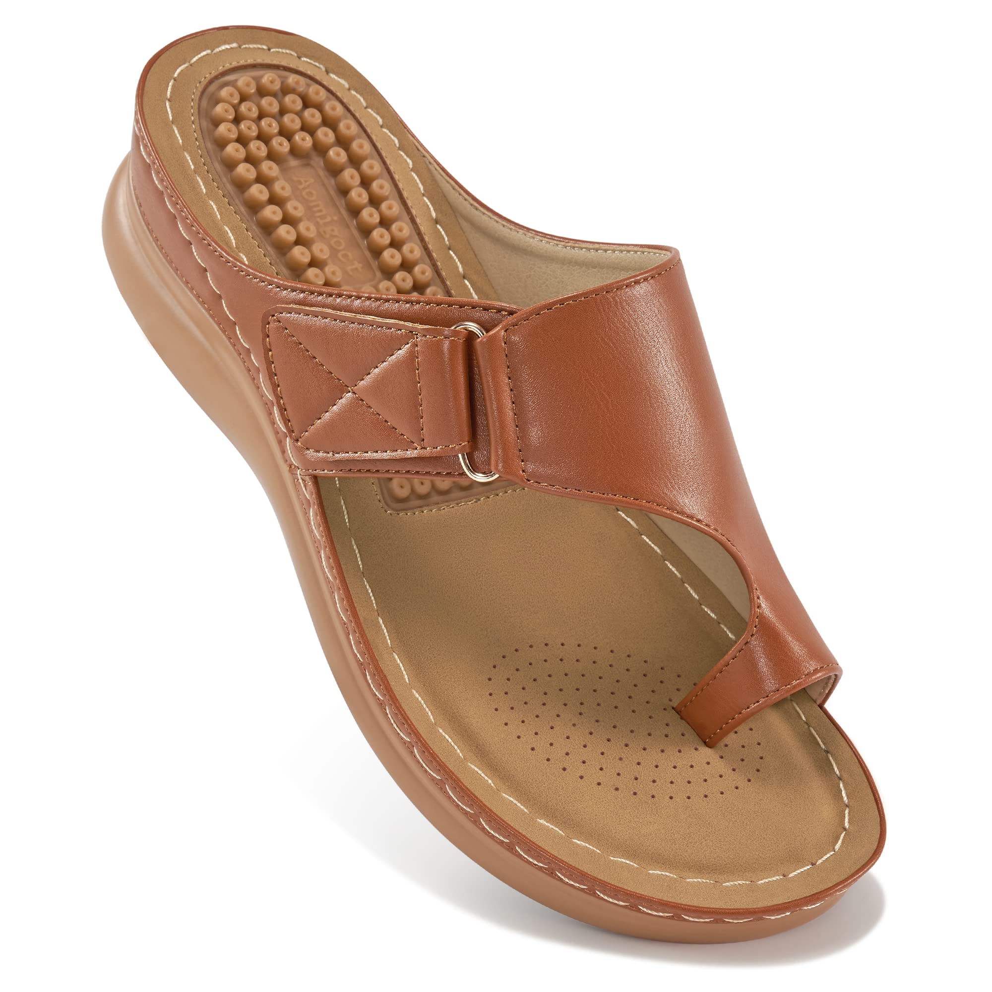 Aomigoct Women's Comfortable Orthopedic Wedge Sandals with Cushioned Footbed - Dressy Flip Flops for Summer Walking, Beach, Travel & Casual Outings