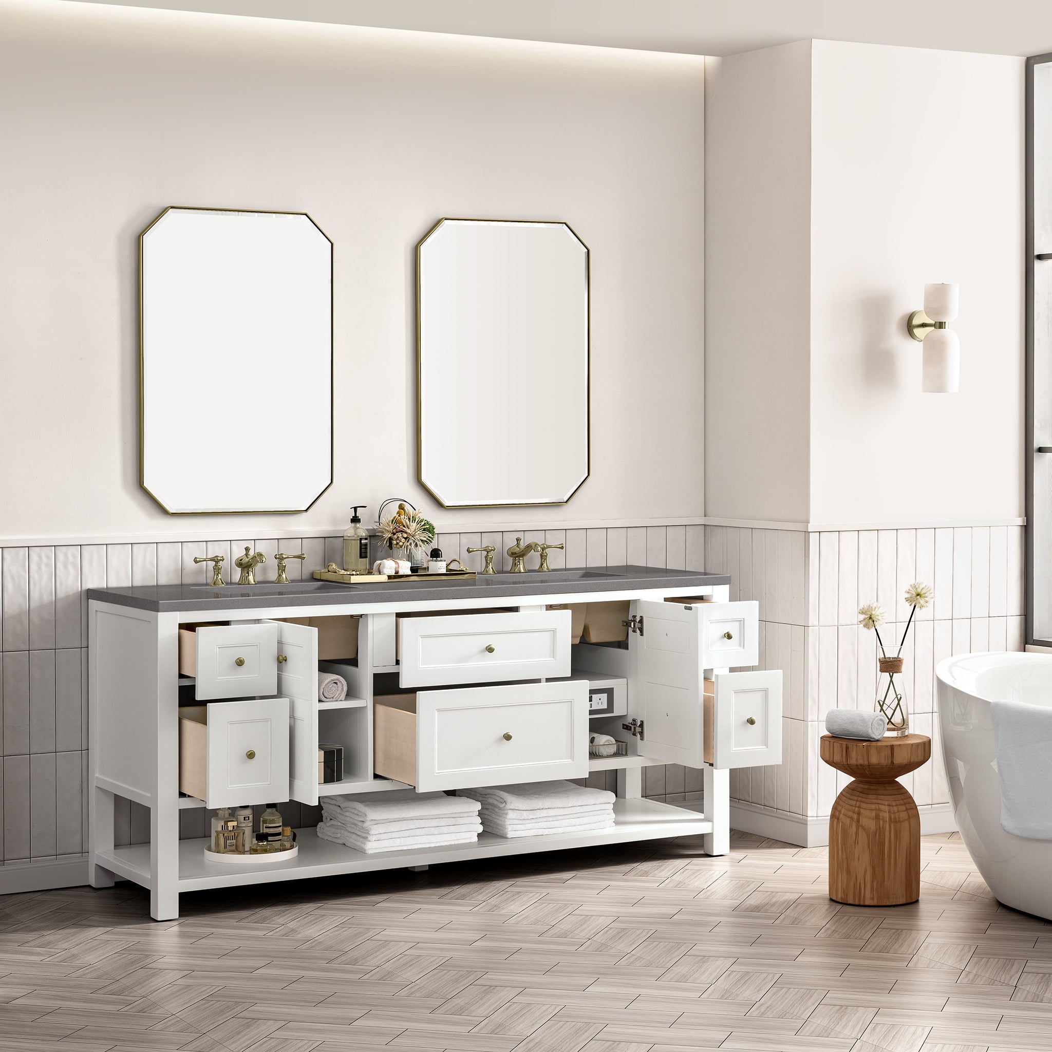 Breckenridge 72-Inch Double Vanity with Bright White Finish & 3CM Grey Expo Top - Perfect for Modern Bathroom Renovations & Master Suite Upgrades
