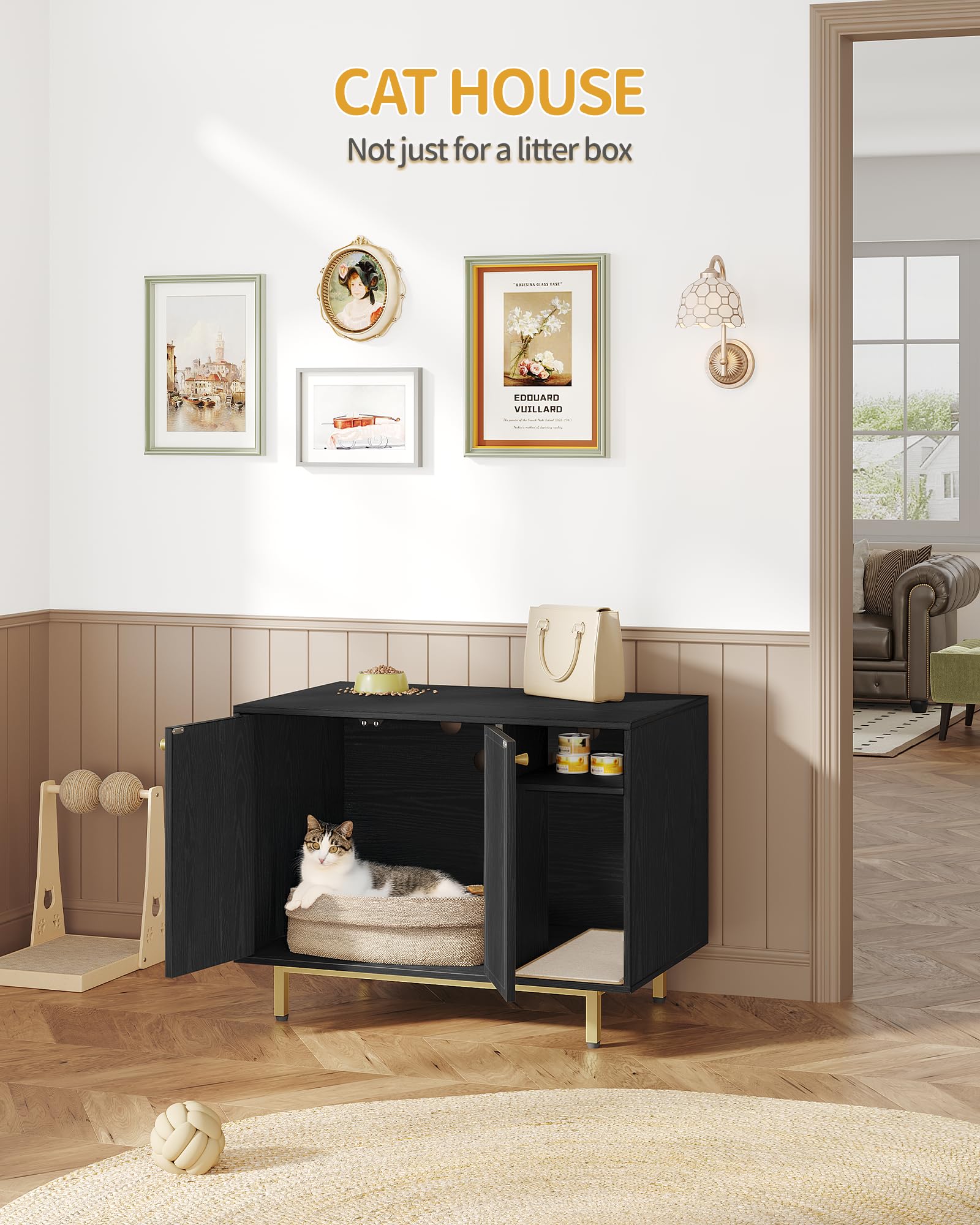 Hidden Cat Litter Box Furniture Enclosure - Wooden Pet House Side Table with Storage Cabinet, Modern Living Room & Bedroom Bench (31.5