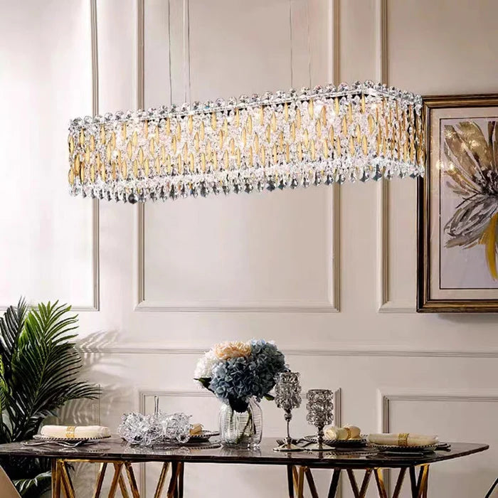 Extra Large Luxury Rectangle Crystal Pendant Chandelier - Modern Elegant Ceiling Light Fixture for Living Room, Dining Room & Kitchen Island | Perfect for Home Decor, Wedding Venues & Restaurant Lighting
