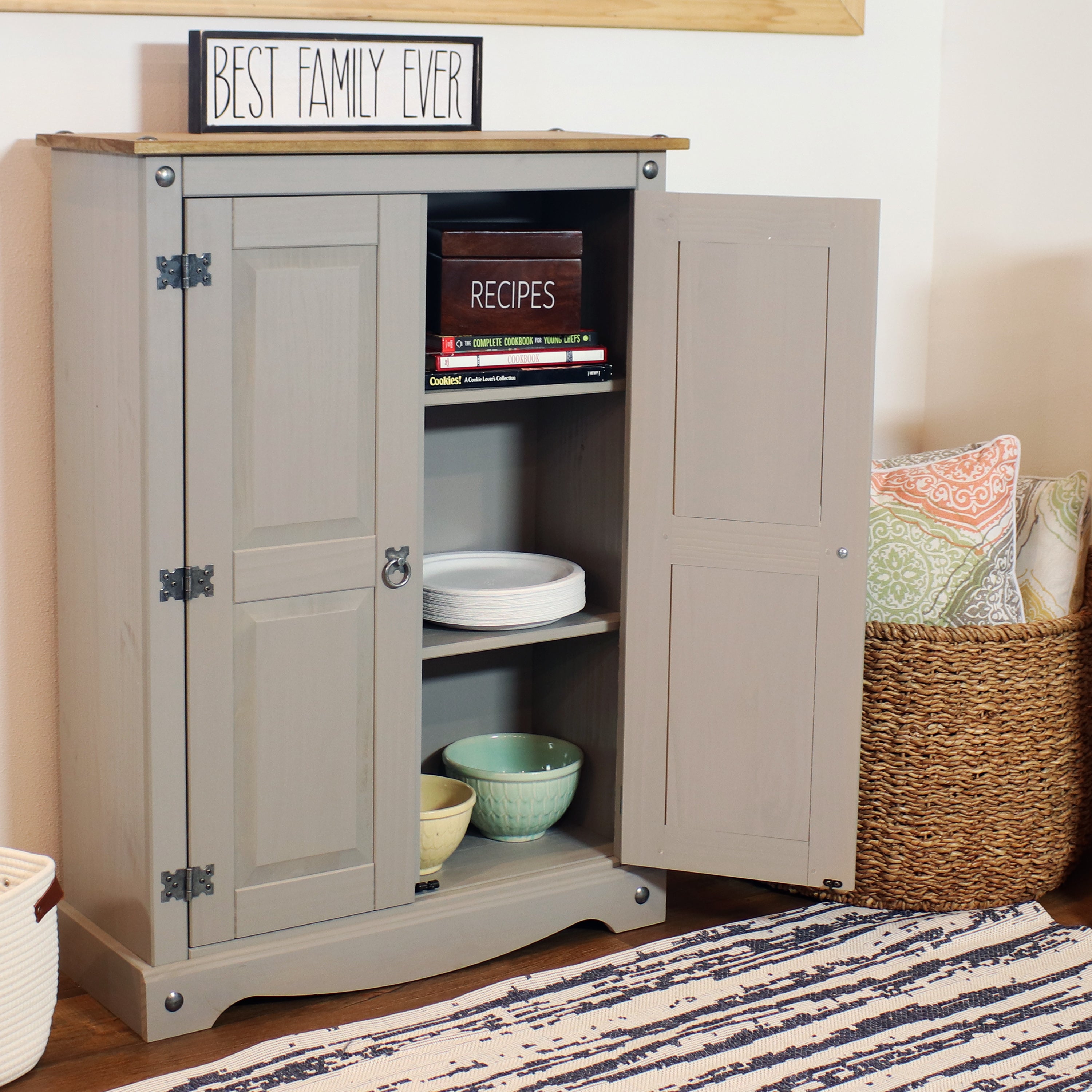 Sunnydaze 2-Door 2-Shelf Solid Pine Storage Cabinet in Gray - 43 Inches Tall | Perfect for Pantry, Kitchen, Bathroom, or Garage Organization