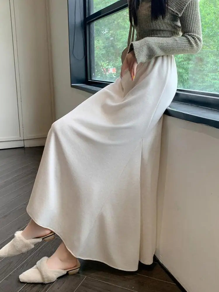 Women's Black Elastic High Waist Fishtail Skirt - Korean Style Beige Pleated A-Line Long Skirt for Autumn Winter | Elegant Vacation Outfit, Office Wear & Party Dress