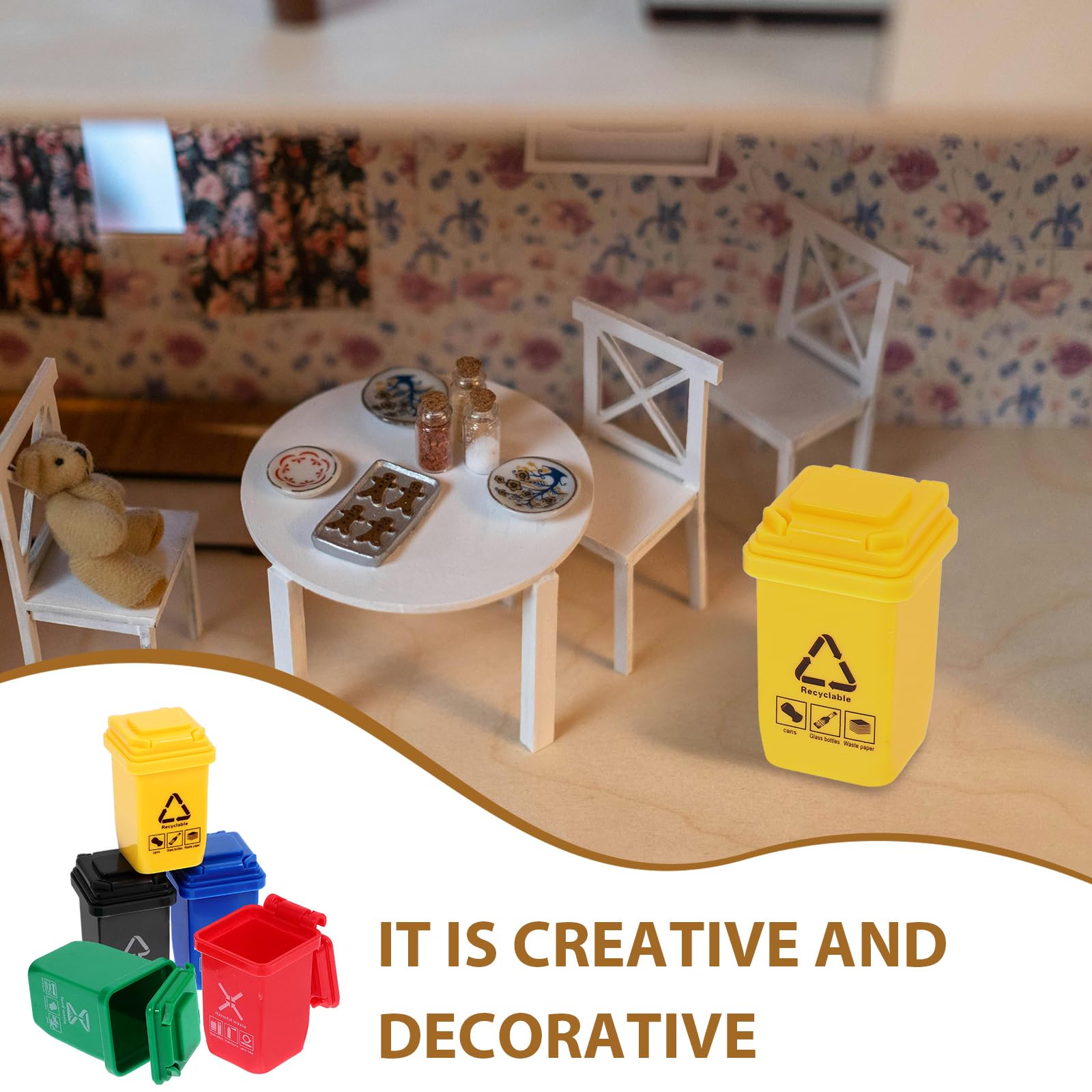 STOBOK 5Pcs Mini Trash Can Toys - 1:12 Scale Miniature Garbage Cans with Open Lids, Small Dollhouse Accessories for Kids & Toddlers - Perfect for Dollhouse Life Scenes, School Projects & Collectible Displays