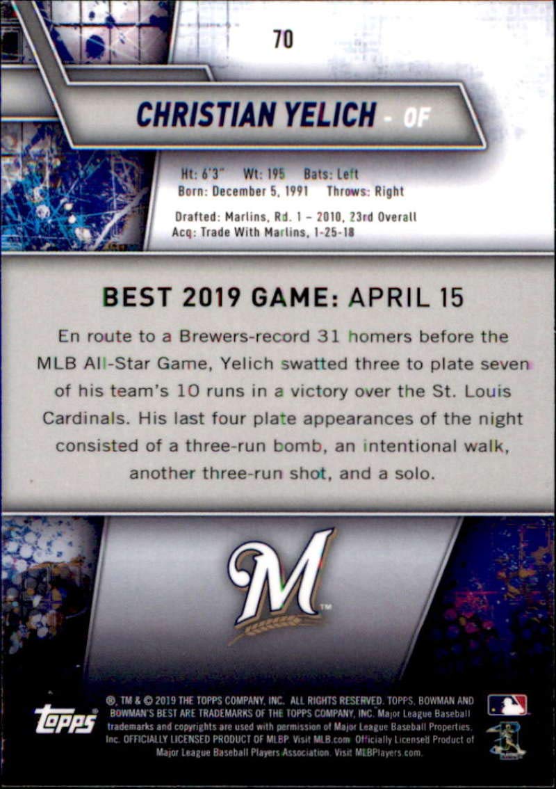 2019 Bowman's Best #70 Christian Yelich Milwaukee Brewers Baseball Card - MLB Collectible, Sports Memorabilia for Baseball Fans & Card Collectors - Perfect for Display, Trading, and Investment