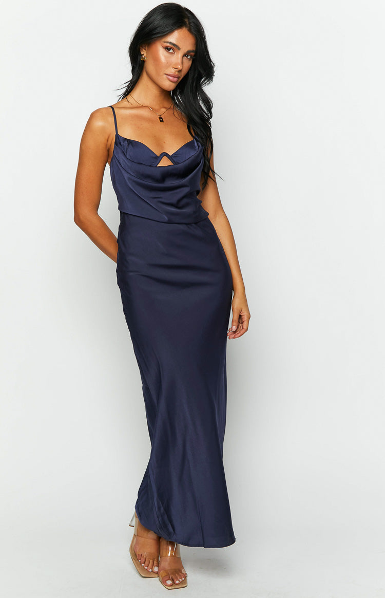 Elegant Navy Blue Formal Maxi Dress for Women - Perfect for Fall Weddings, Evening Parties & Special Occasions