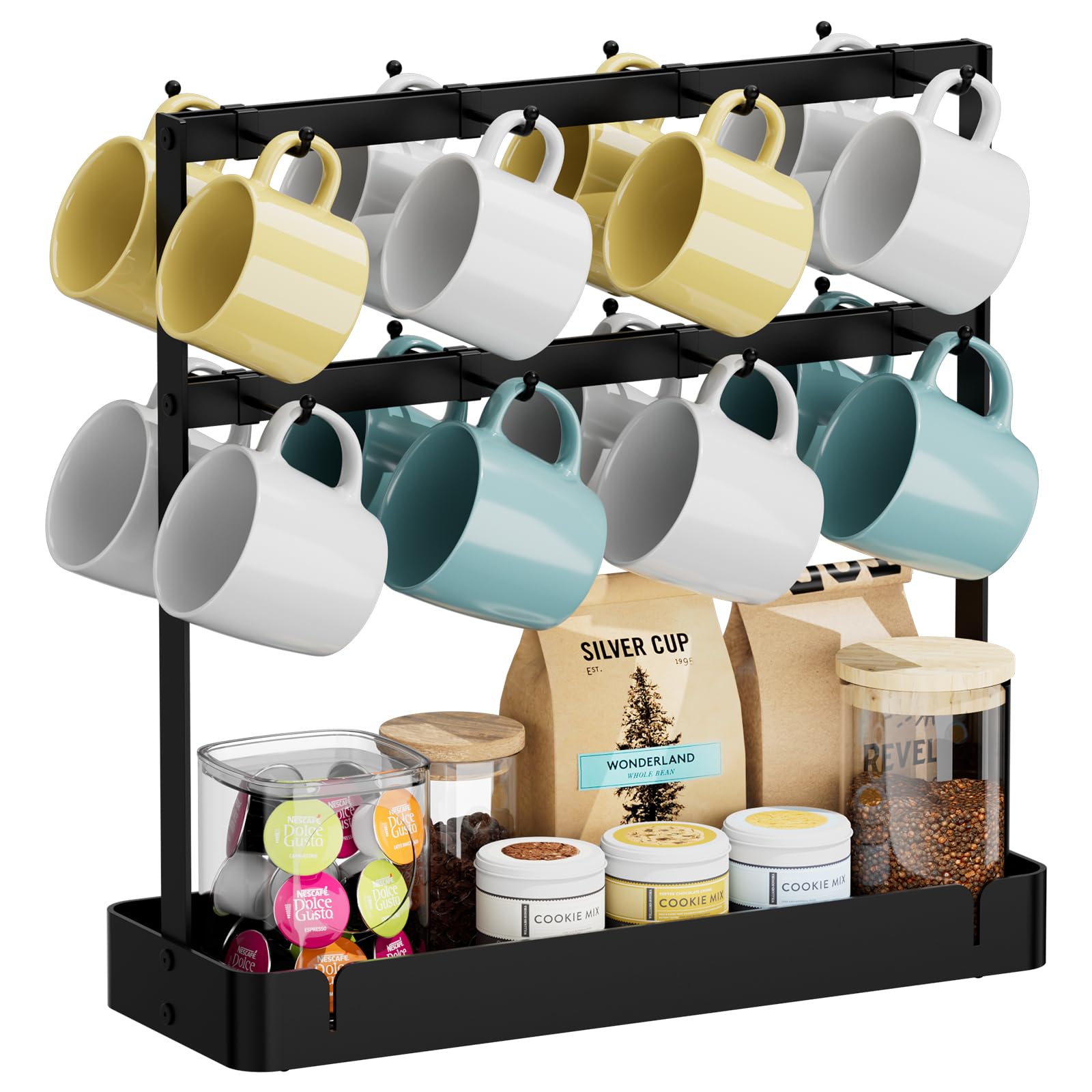 16-Hook Adjustable Metal Coffee Mug Holder - 2-Tier Countertop Cup Rack with Storage Shelf for Kitchen & Office - Perfect for Organizing Mugs, Cups, and Small Kitchen Accessories