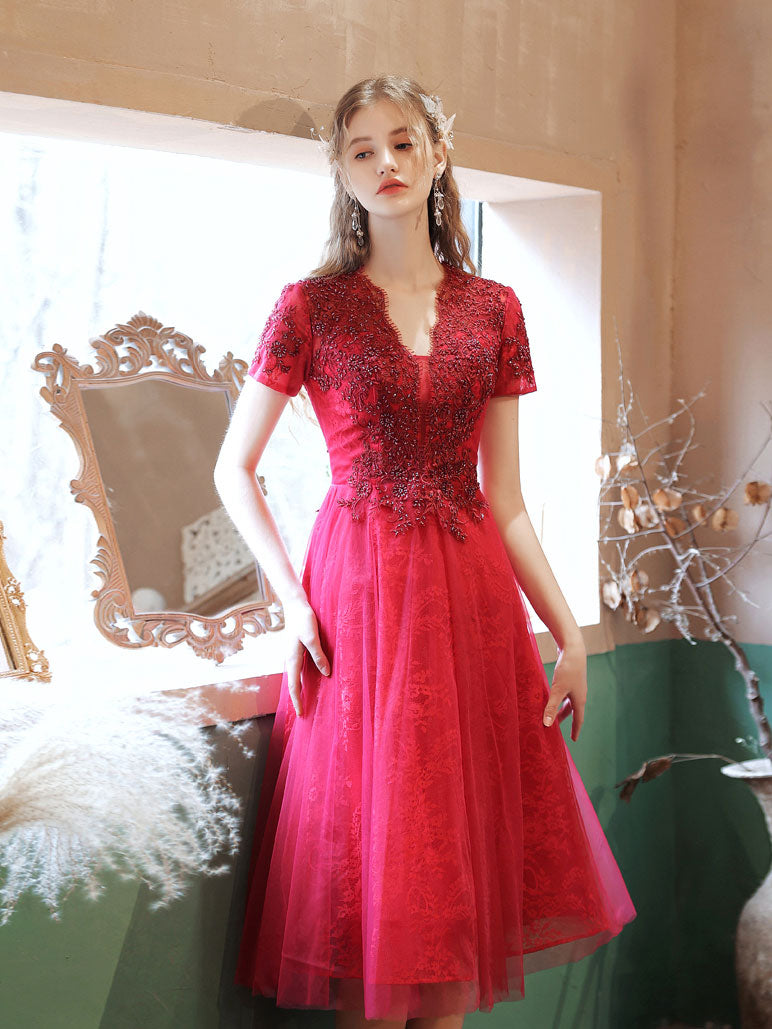 Elegant Burgundy V-Neck Tulle Lace Beaded Short Prom Dress | Homecoming Party Gown | Perfect for Prom Night, Homecoming Dance & Special Occasions