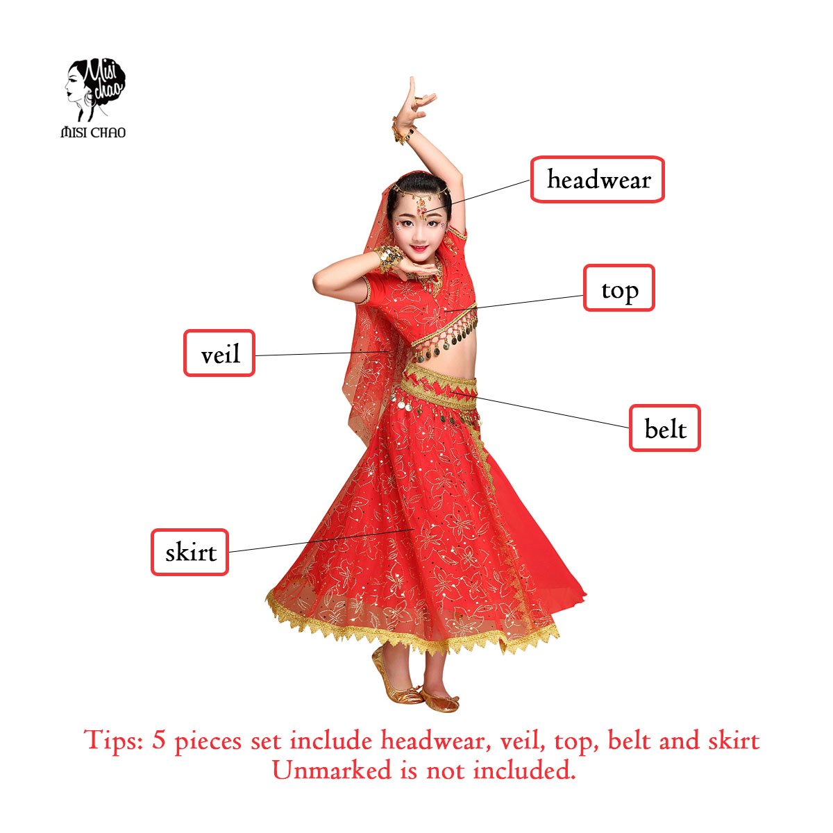 Belly Dance Costume Bollywood Dress - Elegant Chiffon Dance Outfit with Head Veil for Girls, Perfect for Halloween, Parties, and Performances