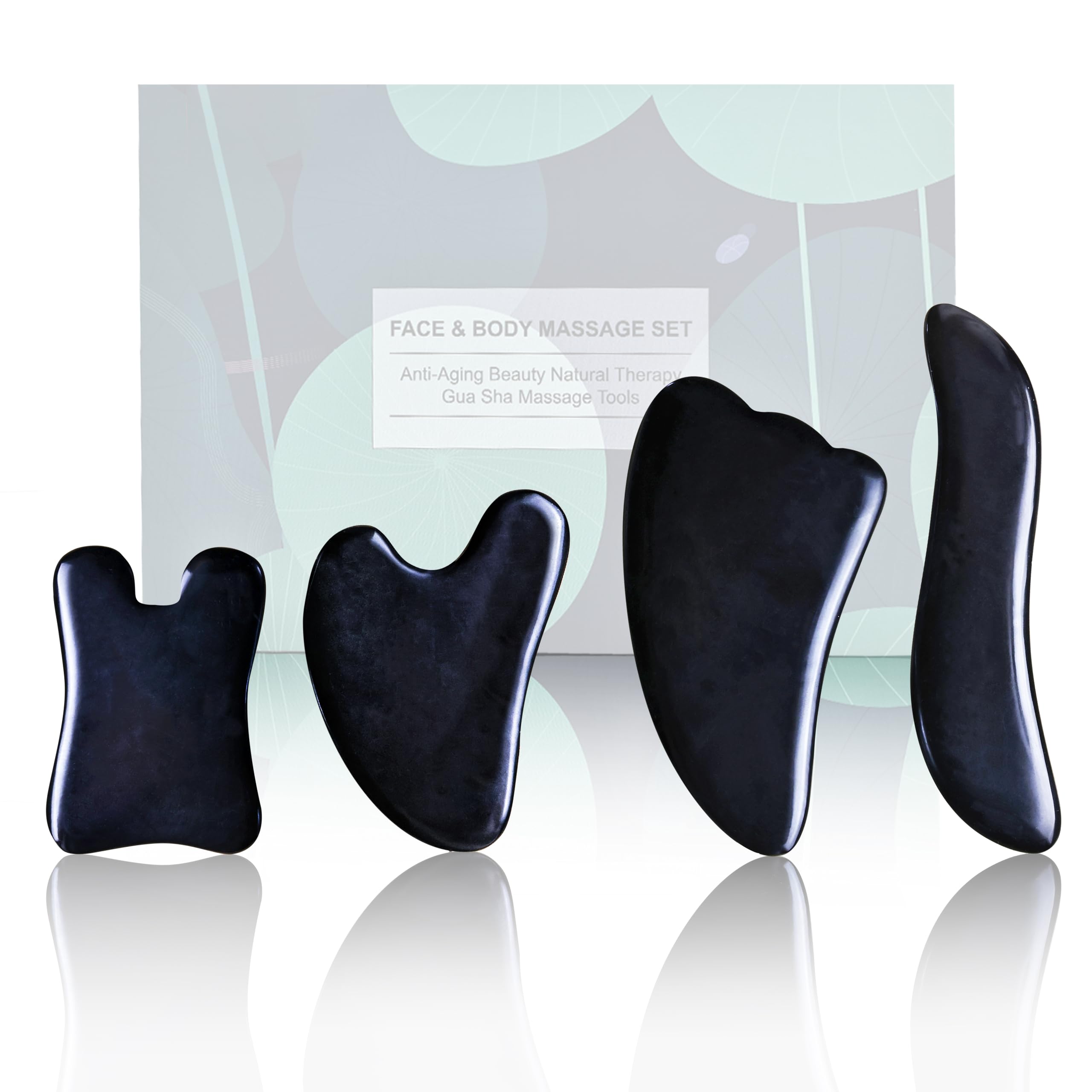 4-Piece Gua Sha Massage Set for Face & Body - Black Gua Sha Scraping Tools for SPA, Acupuncture Therapy & Trigger Point Relief - Professional Facial Massager for Skincare & Pain Relief - Perfect for Home Spa, Self-Care & Beauty Routines