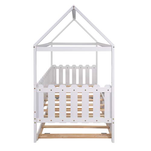 Twin Size Wooden House Bed with Trundle - Fence-Shaped Guardrail & Slatted Support Frame - No Box Spring Needed (White) - Perfect for Kids' Bedroom, Guest Room or Small Space Nursery