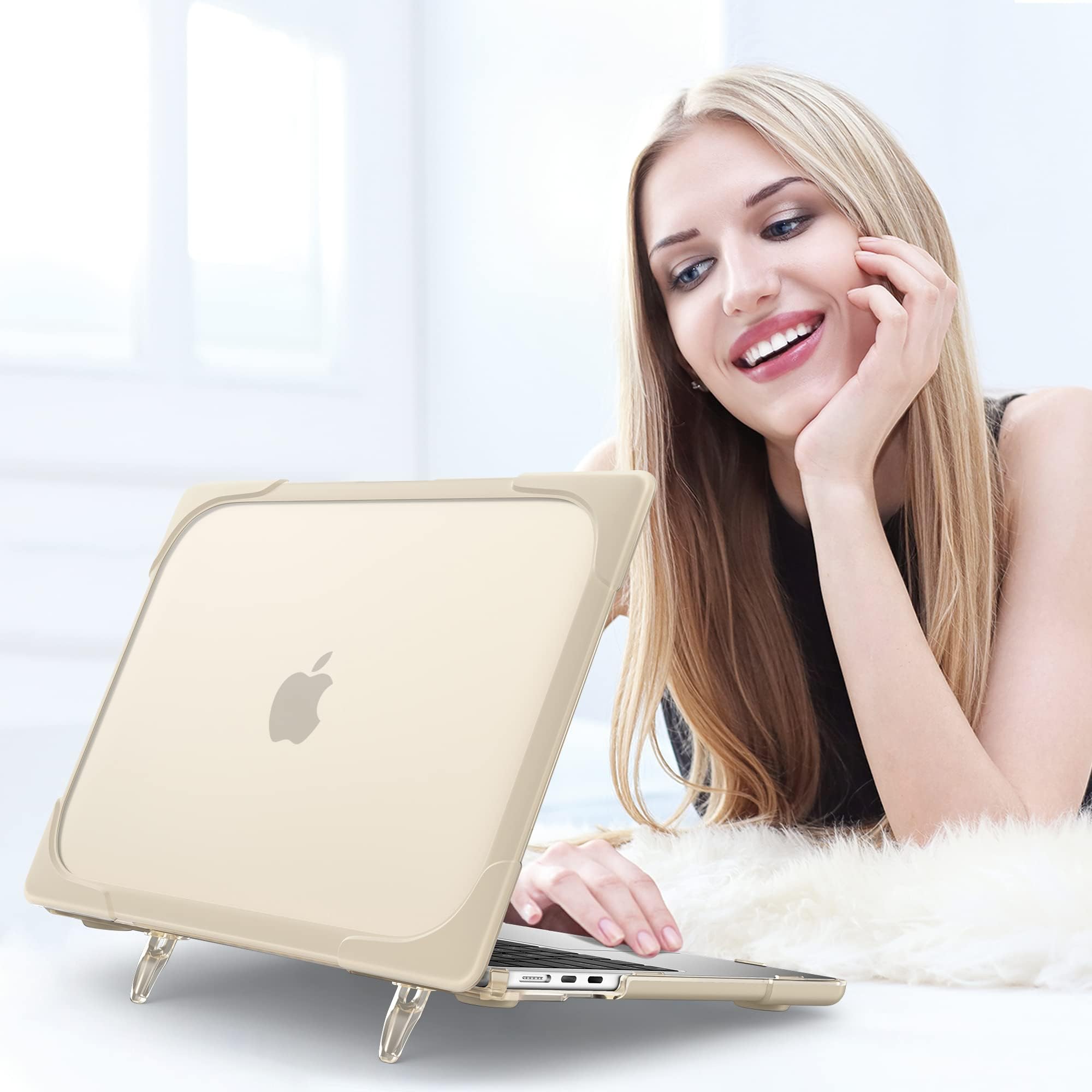 MEEgoodo Hard Shell Case for MacBook Air 13.6 inch (2022/2024/2025 Models A3240/A3113/A2681) - Compatible with M2/M3/M4 Chip - Shockproof Rugged Protective Cover with Kickstand (Khaki) - Perfect for Travel, Work & School Protection