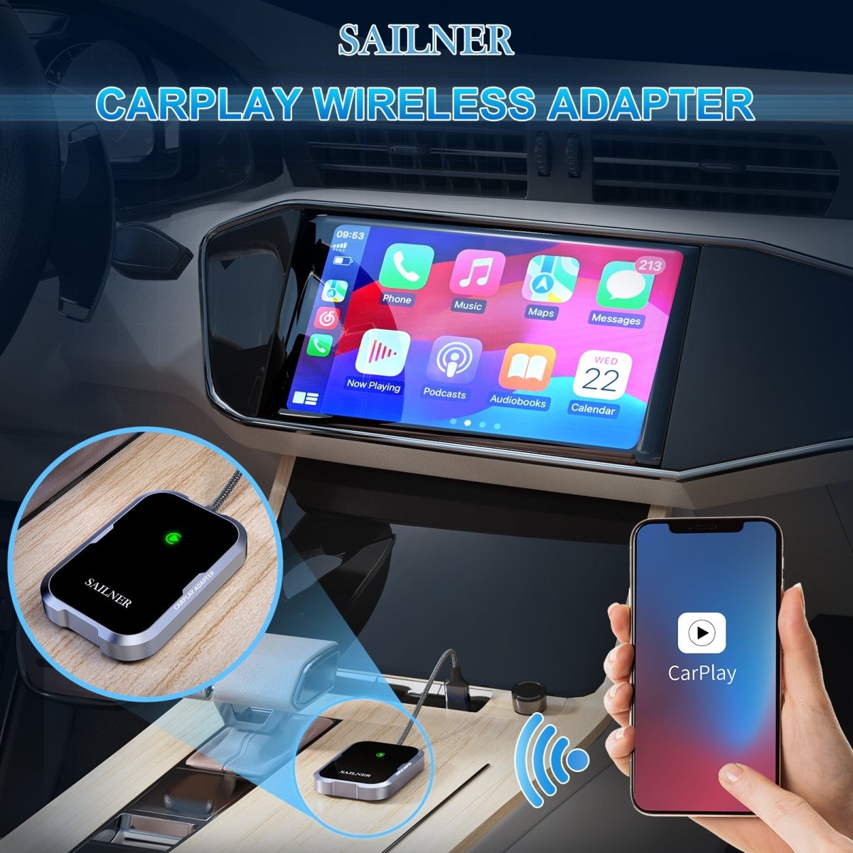 SAILNER Wireless CarPlay Adapter for iPhone - Convert Wired to Wireless Apple CarPlay - Universal Car Compatibility - Perfect for Commuting, Road Trips & Hands-Free Driving