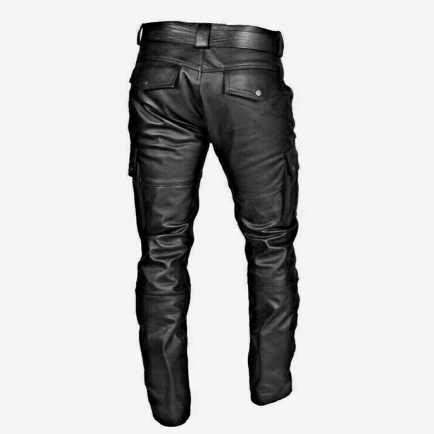 Men's Black Genuine Leather Biker Pants with Multiple Pockets - Motorcycle Riding Pants with Cargo Pockets for Comfort & Style - Perfect for Motorcycle Riders, Bikers & Outdoor Adventures