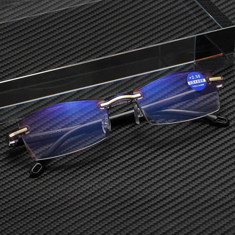 Unisex Rimless Square Alloy Anti Blue Light Reading Glasses for Computer & Screen Use - Reduce Eye Strain for Work, Gaming & Digital Reading