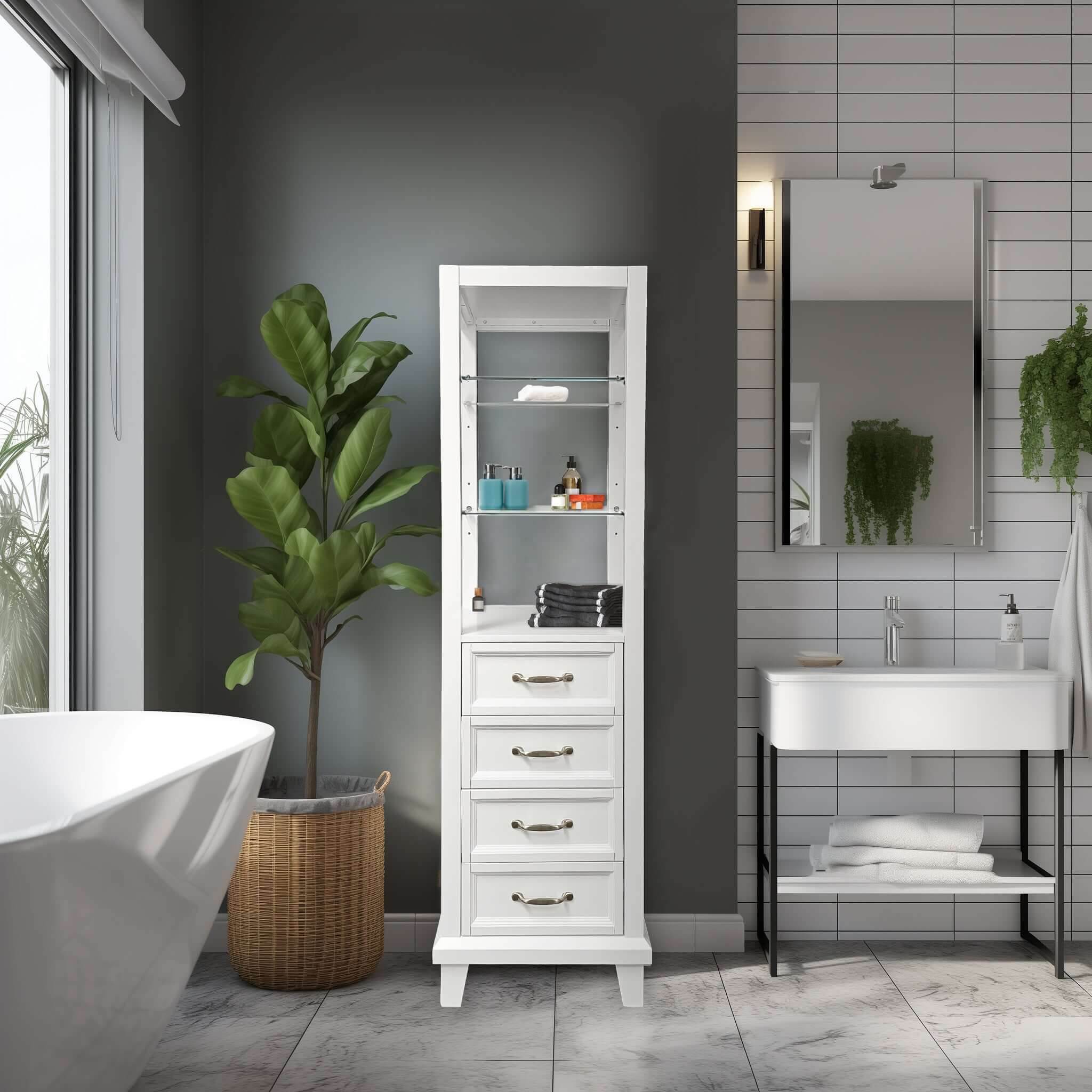 White Linen Cabinet 18W x 18D x 60H - Modern Storage Solution for Bedroom, Living Room & Office Organization