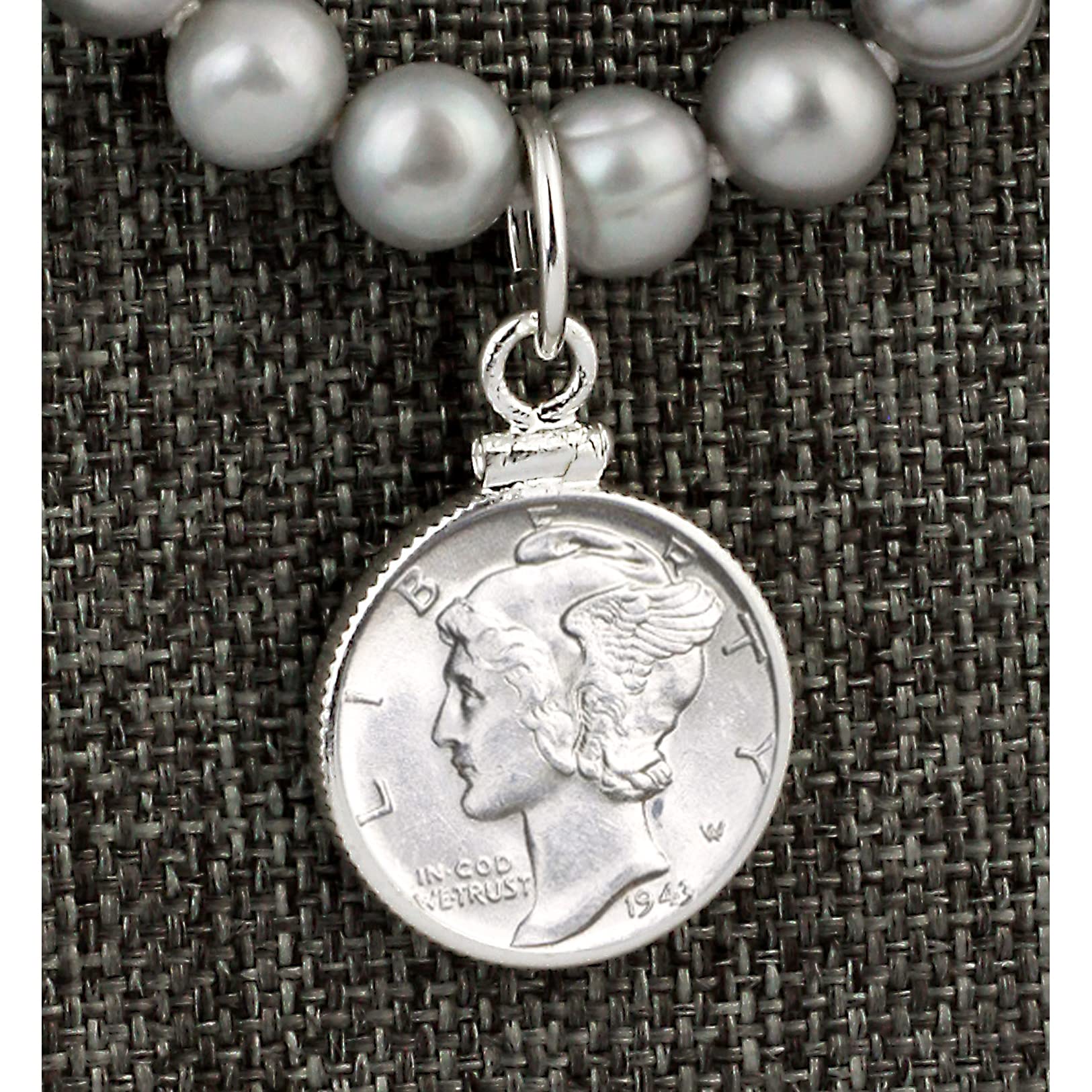 American Coin Treasures Mercury Dime Coin Pendant Necklace with Grey Pearl & Heart Toggle Closure - Vintage Jewelry Gift for Women, Perfect for Valentine's Day & Anniversary Celebrations