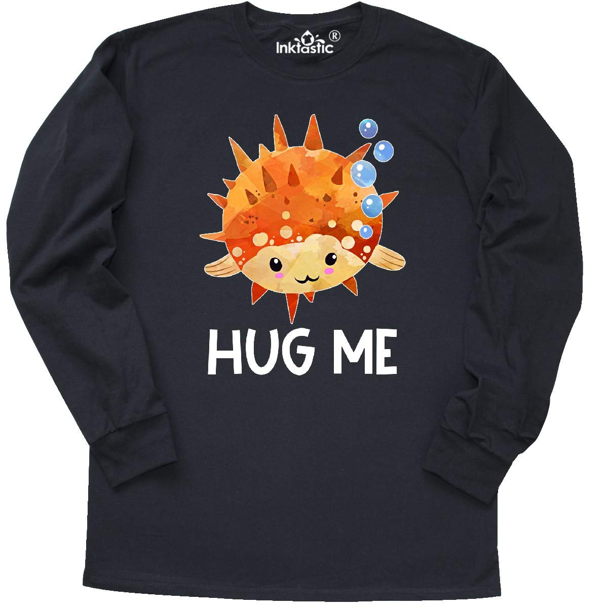 Inktastic Hug Me Cute Pufferfish with Bubbles Graphic Long Sleeve T-Shirt for Men & Women - Casual Wear, Gift Idea, Funny Fish Lover Outfit