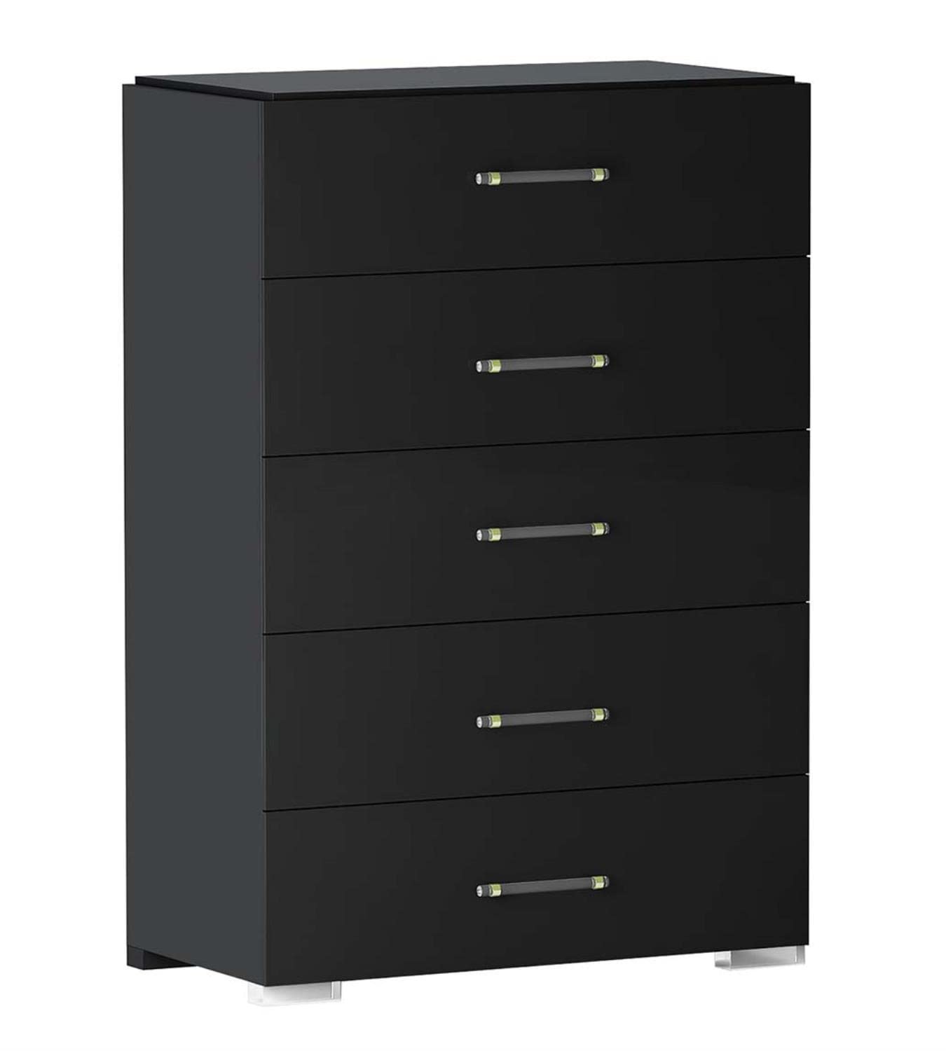 Chintaly Modern 5-Drawer Gloss Black Dresser - Stylish Bedroom Storage Chest for Clothes, Linens & Accessories | Perfect for Master Bedroom, Guest Room or Dorm Organization