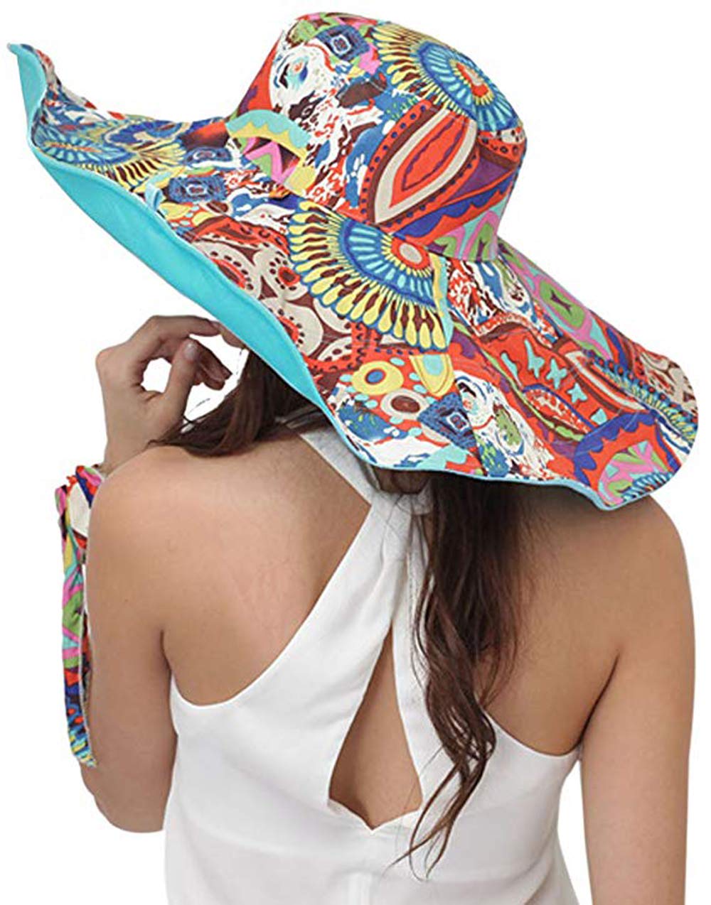 Reversible Women's Beach Sun Hat - UPF 50+ Floral Cowboy Summer Hat with Windproof Ribbon for Outdoor, Travel & Vacation