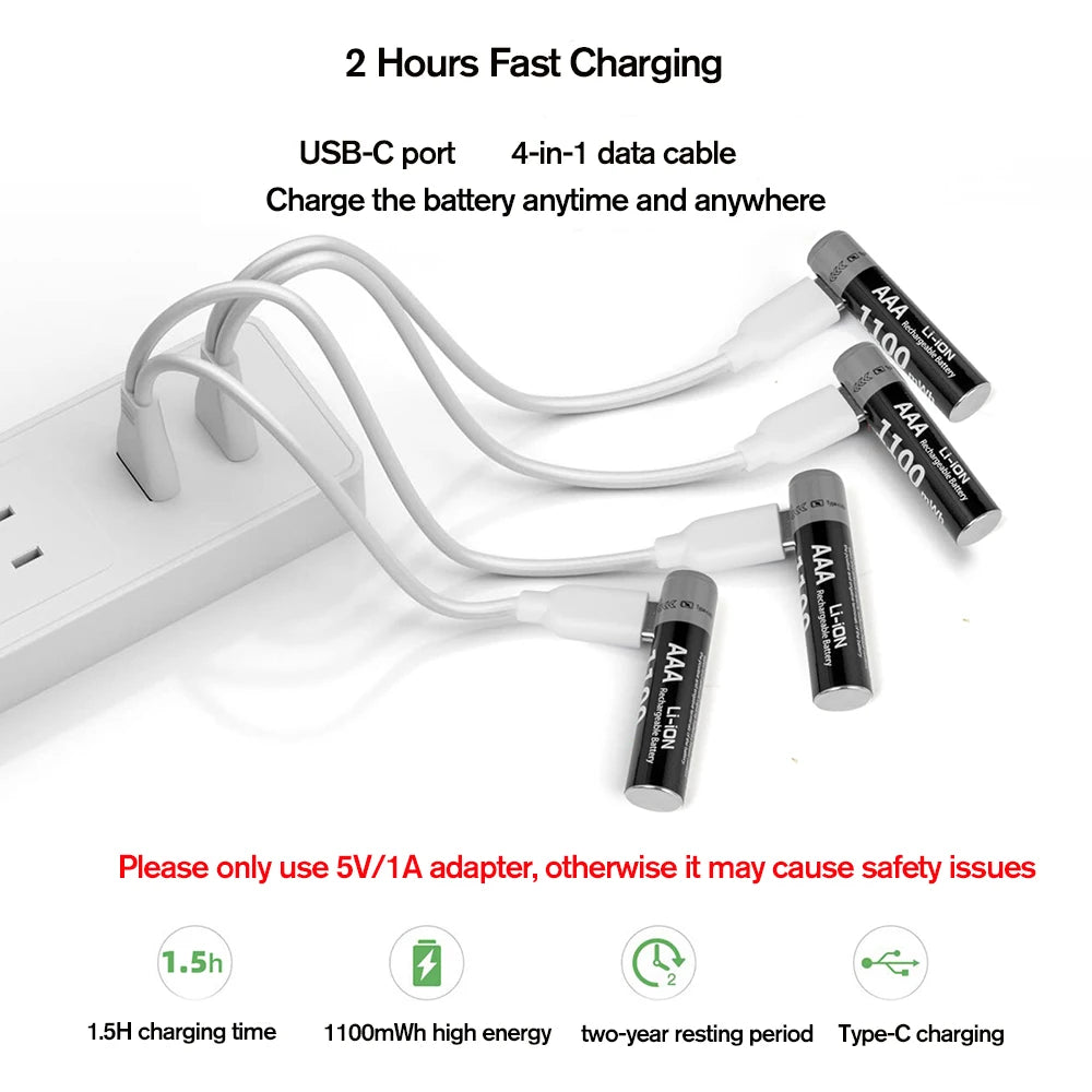 MATOV USB Rechargeable AA & AAA Lithium Ion Batteries - 3400mWh 1.5V AA Battery + 1100mWh 1.5V AAA Battery Pack for Cameras, Flashlights, Toys & Electronics