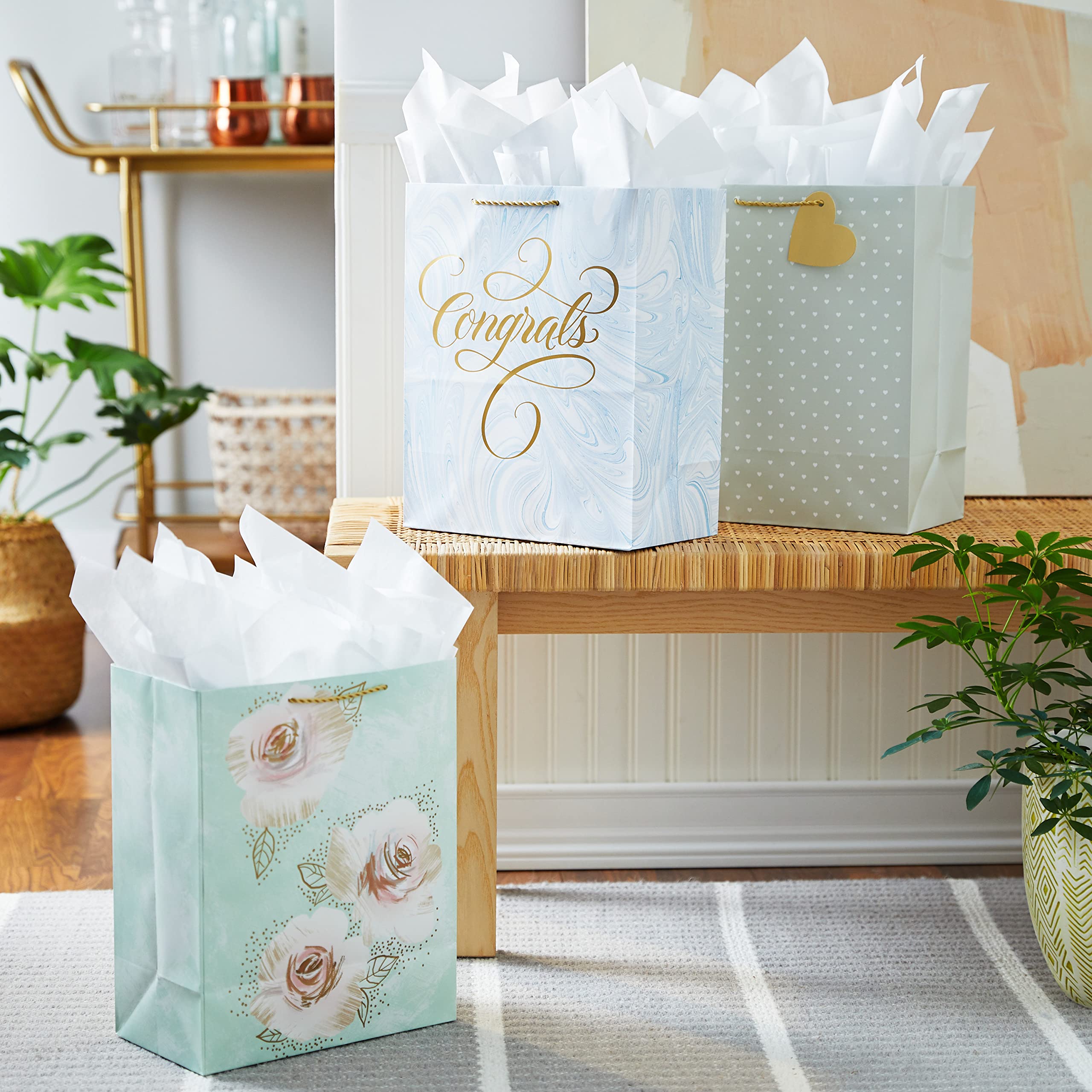 Hallmark 13-Inch Large Gift Bags with Tissue Paper (3-Pack: Blue Marble Congrats, Polka Dots, Floral Design) for Weddings, Anniversaries & Bridal Showers - Perfect for Party Favors, Birthday Gifts & Special Occasions
