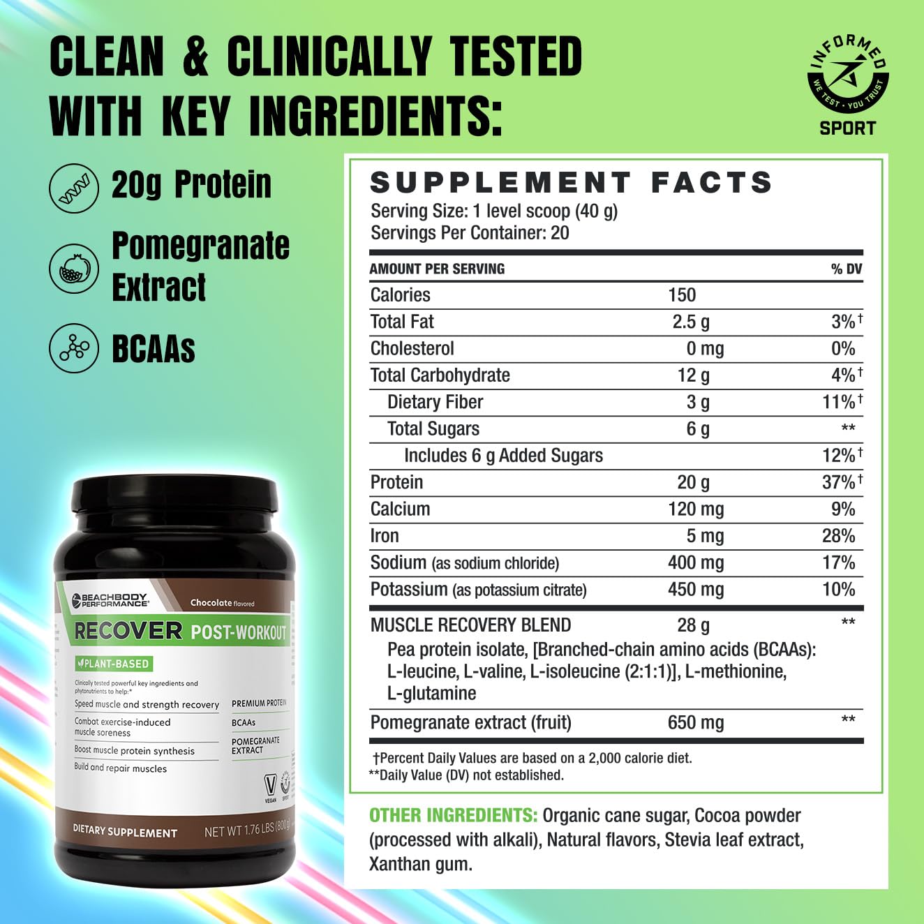 BODi Recover Plant-Based Protein Powder - Chocolate Flavor Post-Workout Supplement with 20g Protein, BCAAs & Pomegranate Extract for Muscle Recovery - Vegan Fitness Powder - 20 Servings (Ideal for Gym Recovery, Muscle Building & Vegan Athletes)
