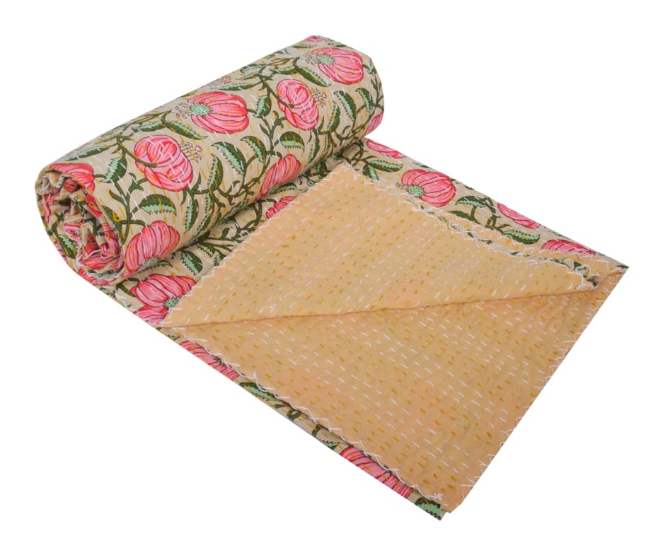 Handmade Indian Block Print Kantha Quilt - Queen Size 90x108 Inch Cotton Throw Blanket & Bedspread (Beige) - Boho Chic Home Decor, Cozy Living Room & Bedroom Accent