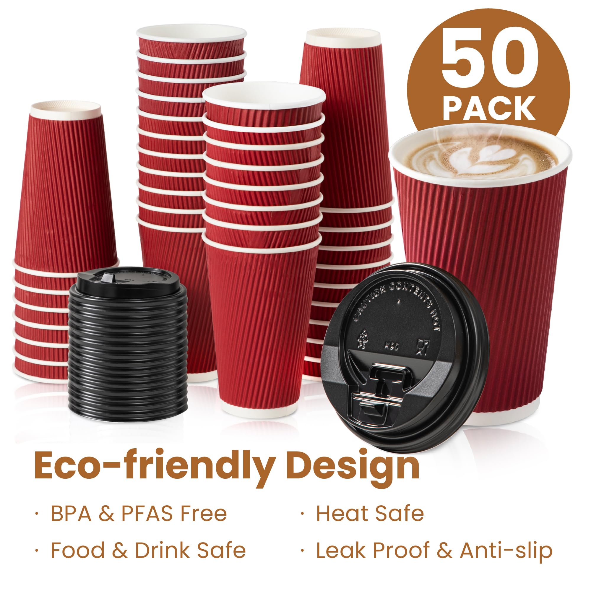50 Pack 16oz Disposable Coffee Cups with Lids & Stirrers - Triple Wall Corrugated Hot Drink Cups for Coffee, Tea, Hot Chocolate - Perfect for Office, Cafes, Parties, Holidays & Events (Red Cups with Black Lids)
