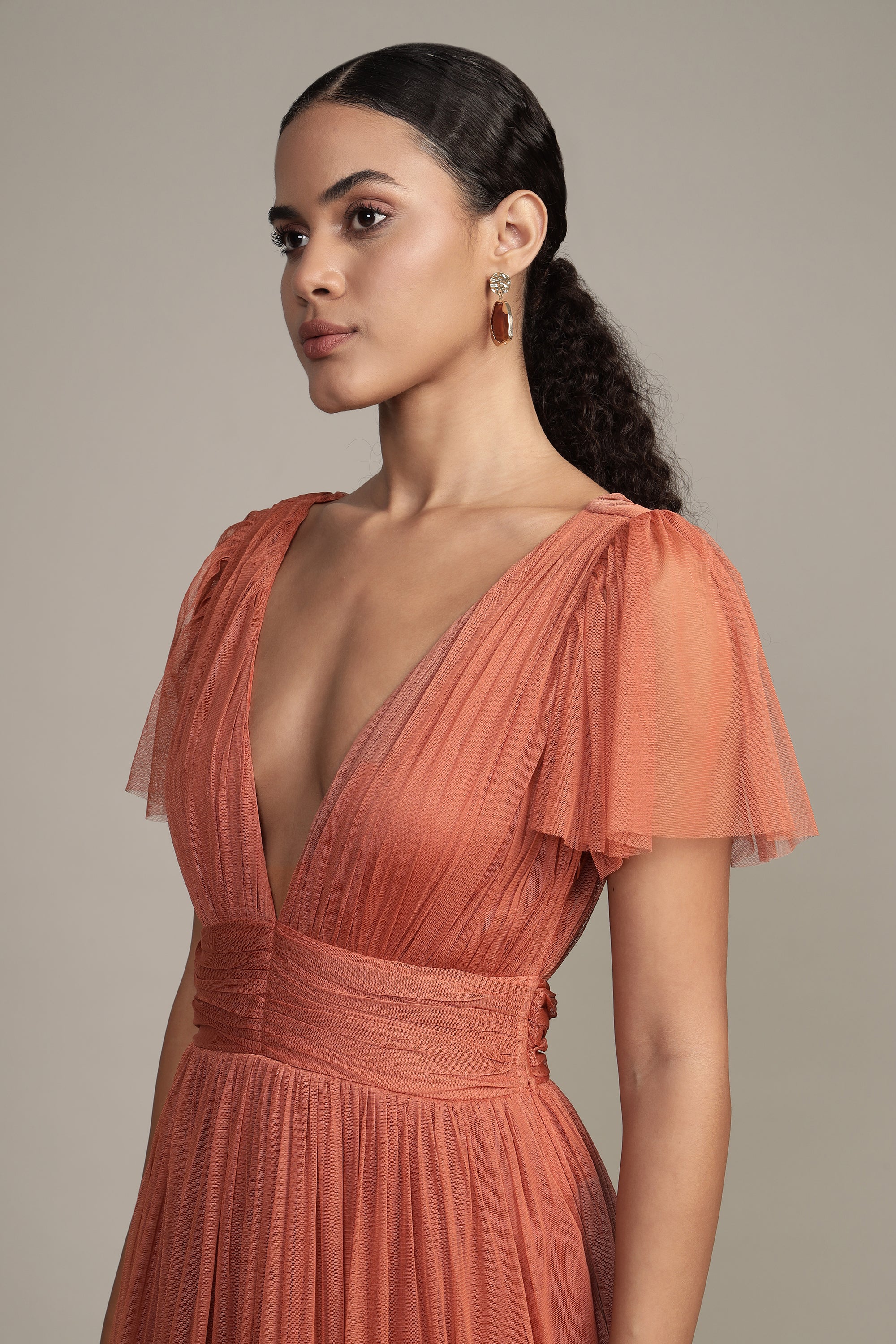 Madison Terracotta Pink Tulle Bridesmaid Midi Dress - Elegant Wedding Party Gown for Bridesmaids, Formal Events & Special Occasions
