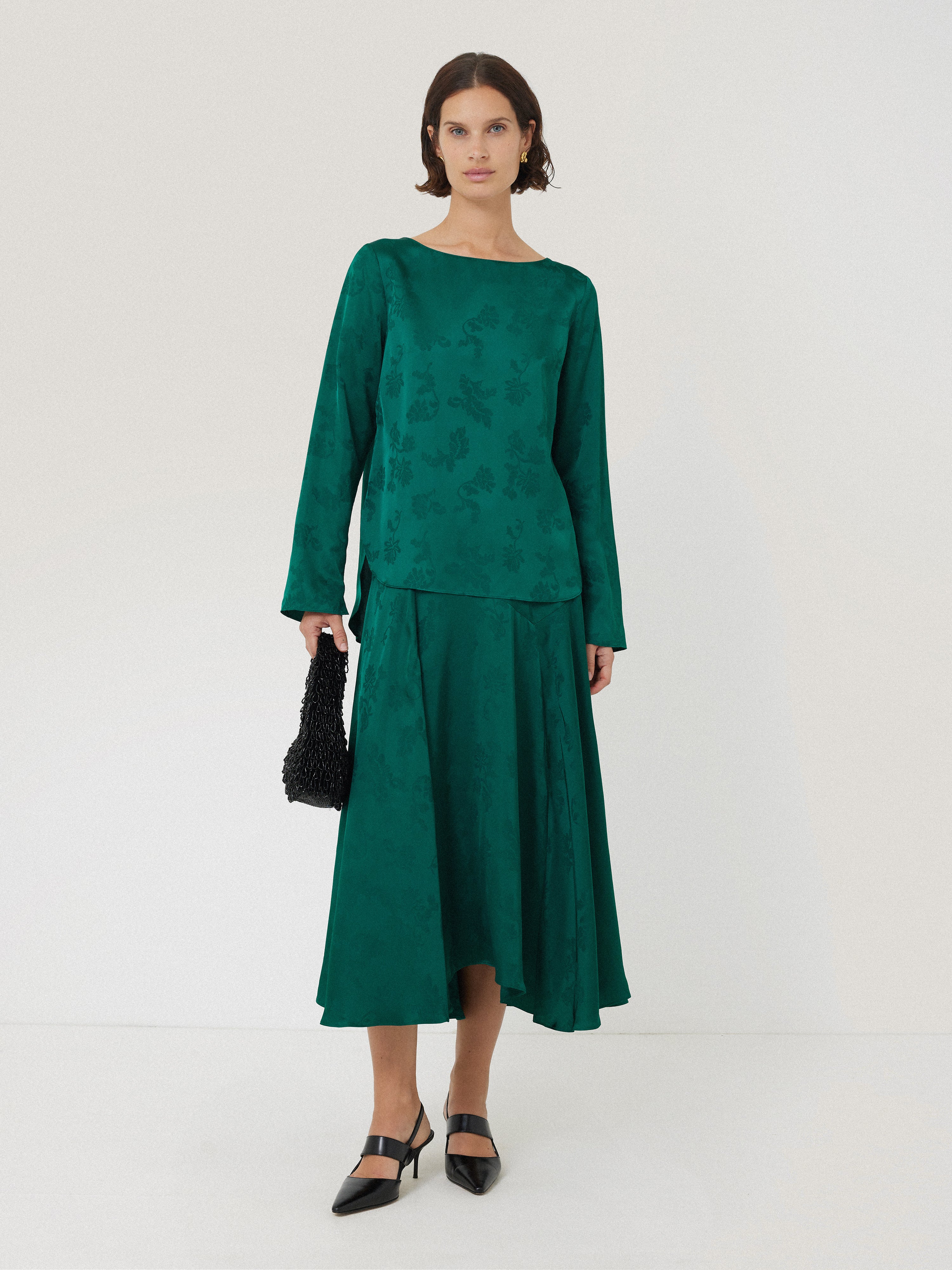 Floral Jacquard Boat Neck Blouse for Women - Elegant Green Embroidered Tunic Top | Perfect for Spring Outfits, Office Wear & Casual Occasions