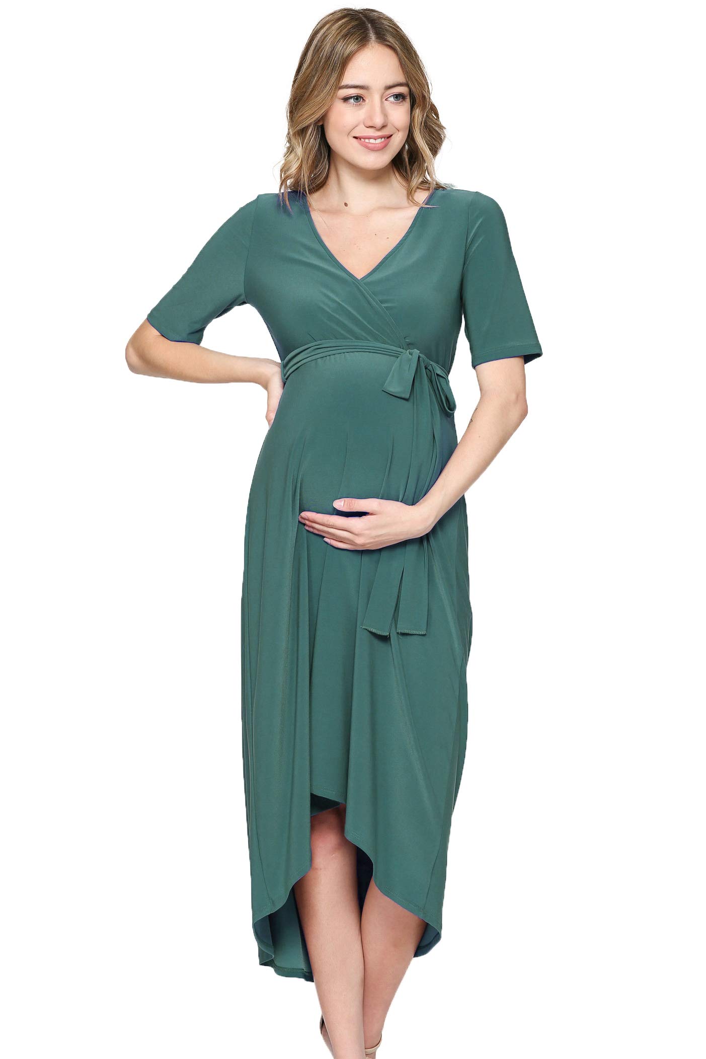 Maternity Wrap Dress for Women - Stretchy Midi Length with Adjustable Waist Belt | Perfect for Pregnancy, Nursing & Postpartum Comfort