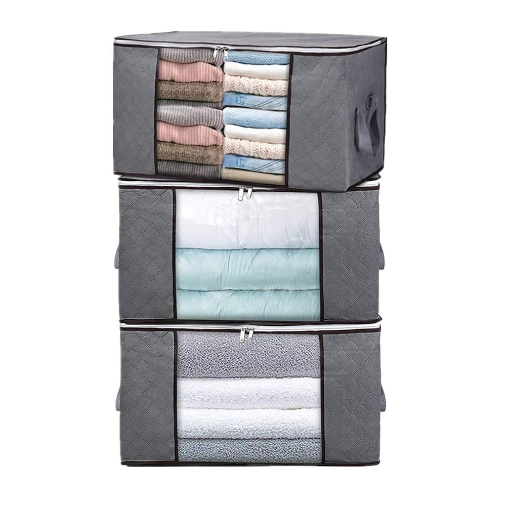90L Large Clothes Storage Bags 3-Pack - Vacuum Seal Blanket Organizer for Comforters, Bedding, Pillows & Sweaters - Clear Window, Heavy Duty Fabric, Odor-Free with Reinforced Handles (Gray) - Perfect for Closet, Underbed & Seasonal Storage Organization