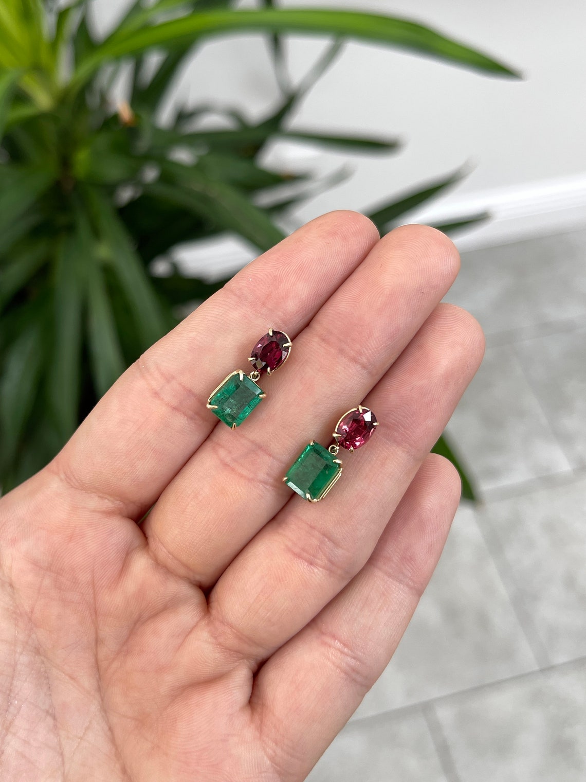 14K Gold Dangle Earrings with Natural Emerald & Oval Cut Spinel (7.09tcw) - Elegant Jewelry for Weddings, Parties & Special Occasions