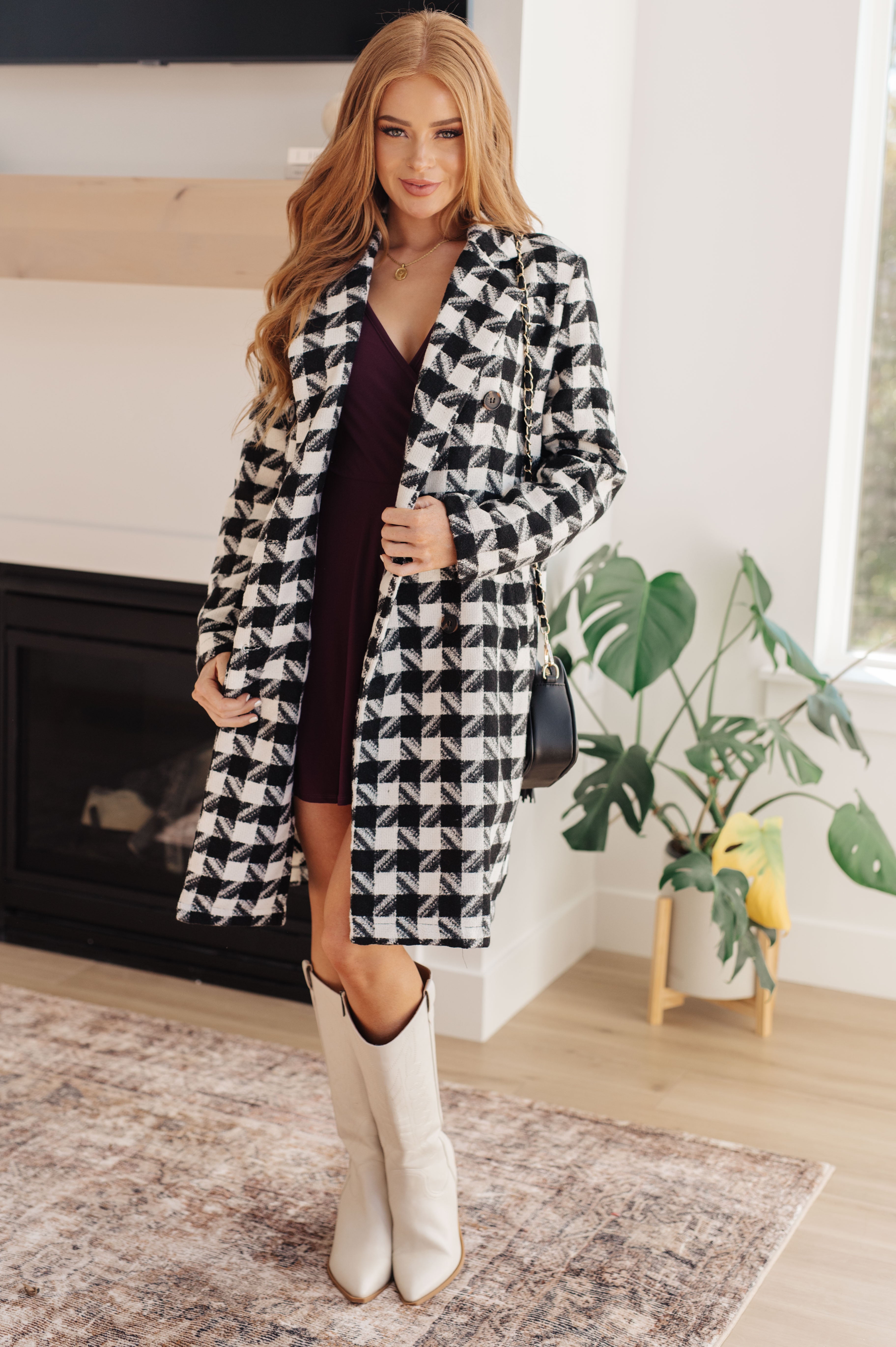 Stylish Monochrome Houndstooth Trench Coat for Women - Classic Black & White Checkered Winter Jacket | Perfect for Office Wear, Business Meetings & Fall Fashion Outfits