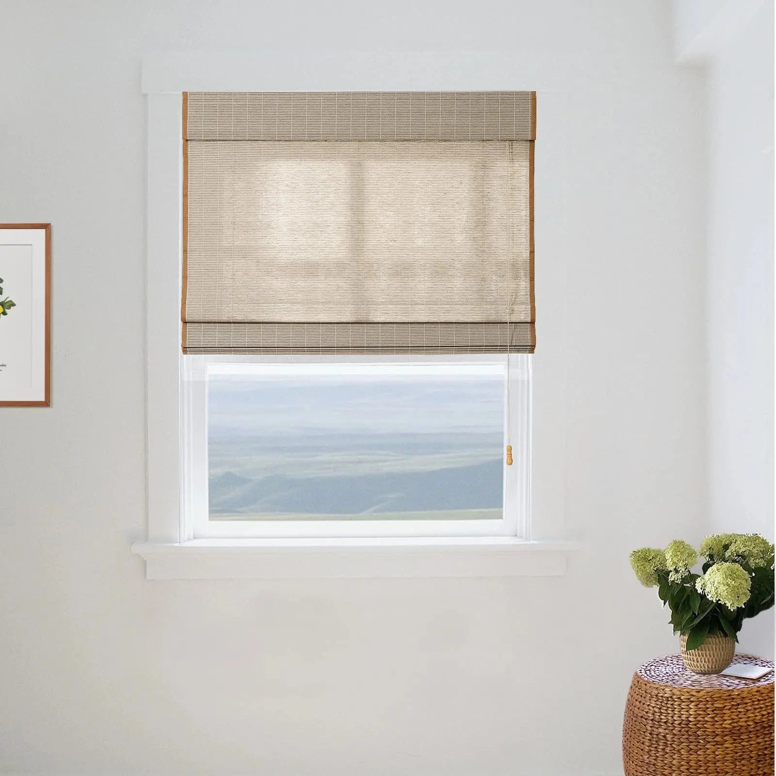 Natural Flax Bamboo Woven Window Shade - Light Gray Brown for Living Room & Bedroom Blackout Privacy
