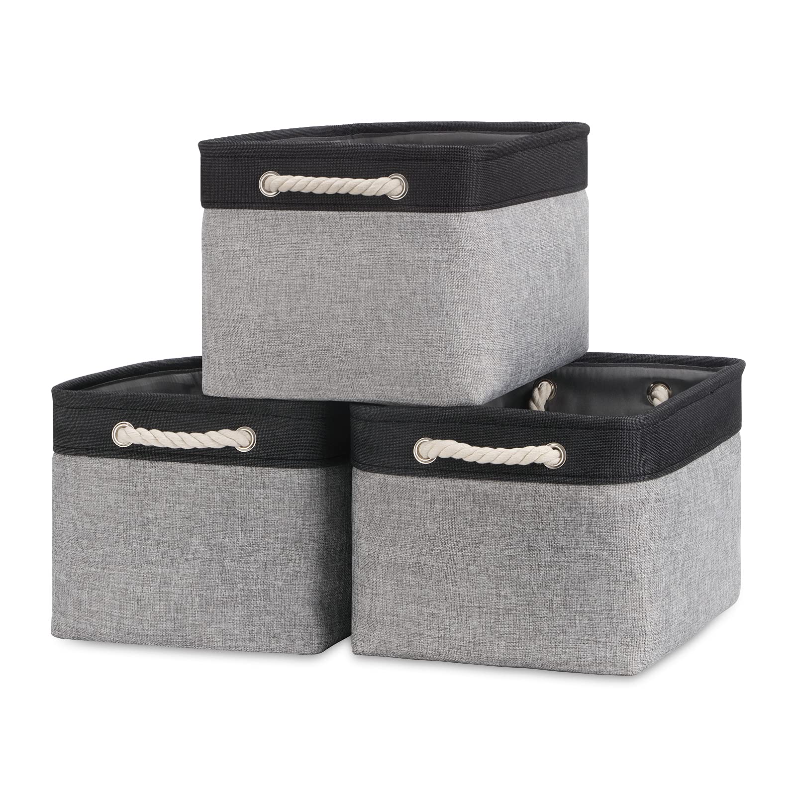 Bidtakay 3-Pack Fabric Storage Baskets - 15 x 11 x 9.5 Inch Large Decorative Organizing Bins for Shelves, Closet & Home Organization (Black & Grey) | Perfect for Bedroom, Bathroom & Nursery Storage