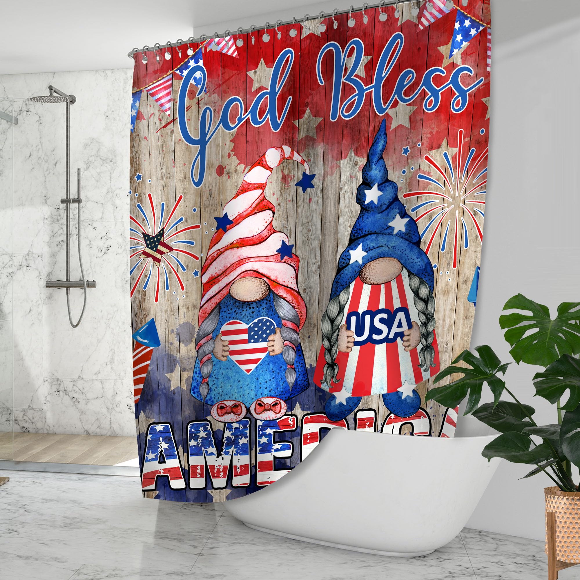 4th of July Shower Curtain - Patriotic American Flag Bathroom Decor with Stars & Stripes | Waterproof Independence Day Gnome Design with Hooks | 71x71 Inches for Home & Holiday Celebrations