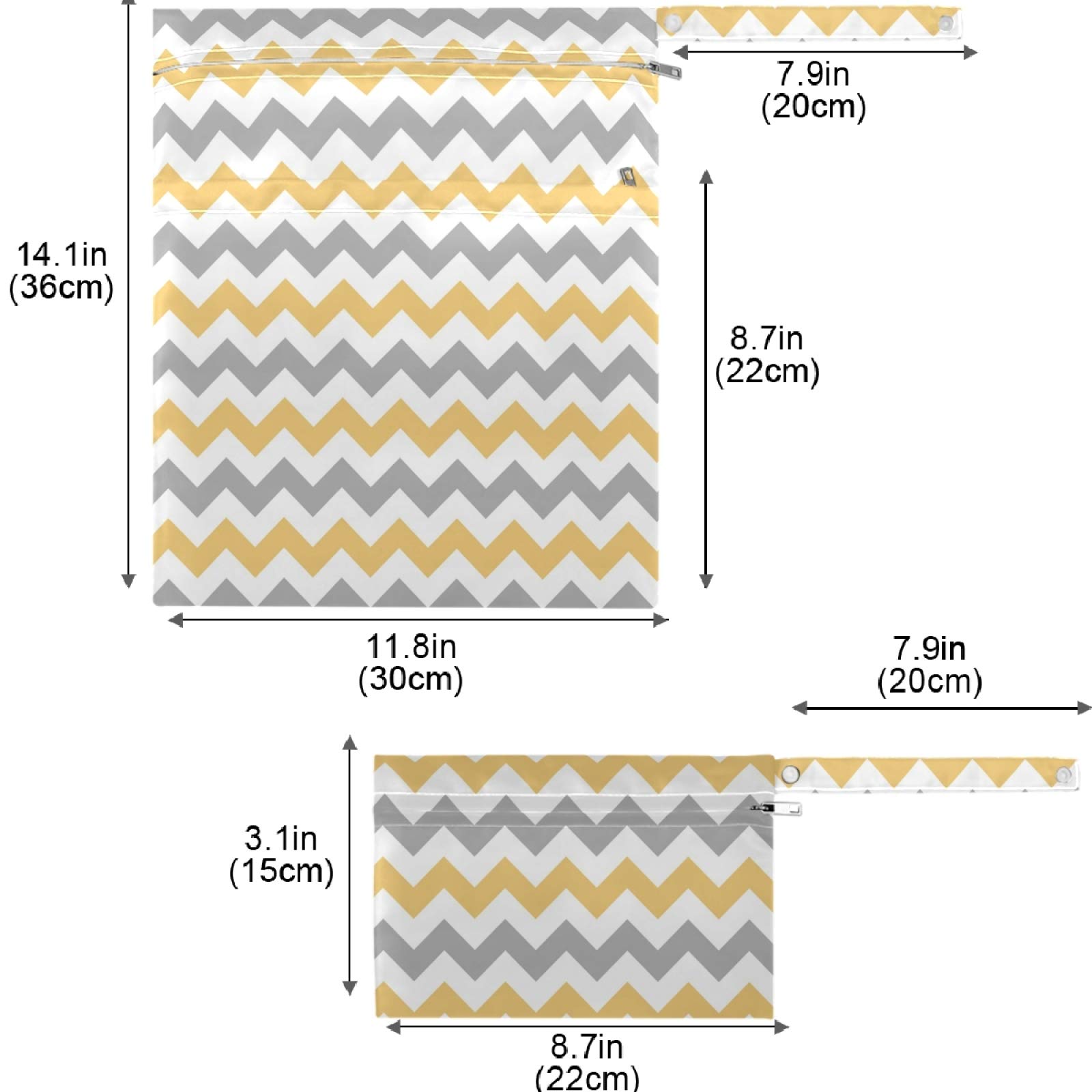 Visesunny Grey and Yellow Plaid Chevron 2-Piece Wet Bag Set with Zippered Pockets - Washable & Reusable for Travel, Beach, Pool, Daycare | Perfect for Stroller Organization, Diaper Storage, Gym Clothes, Swimsuits & Toiletries | Great for Moms, Babies & Active Lifestyles