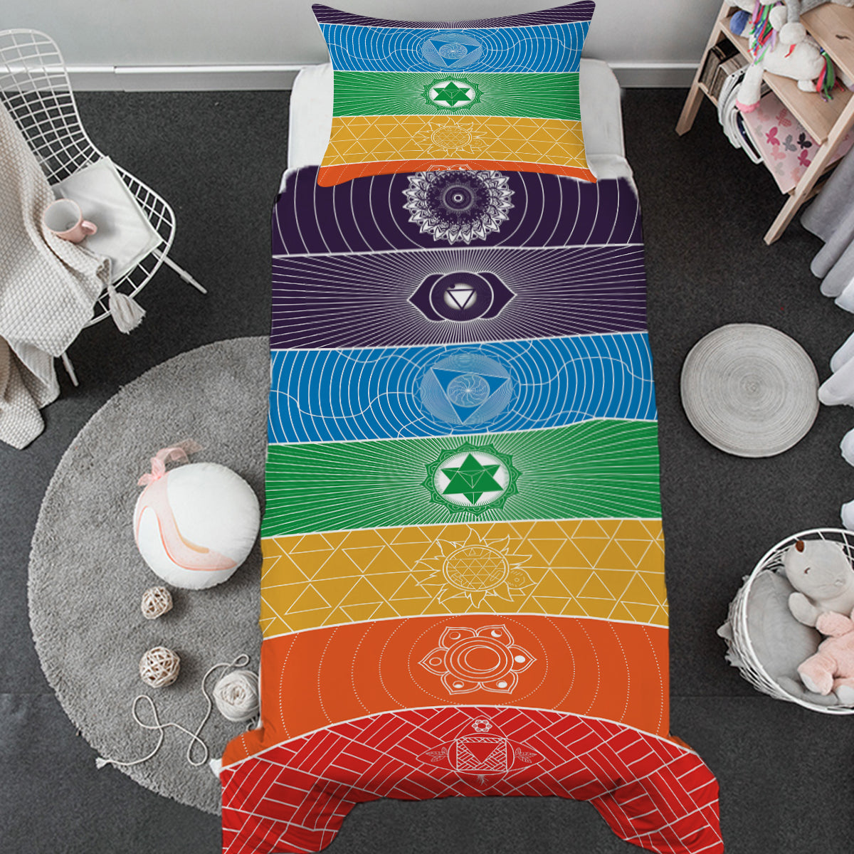 Chakra Yoga Toddler Bed Set - Organic Cotton Kids Bedding with Spiritual Symbols - Perfect for Meditation Rooms, Daycare Centers & Boho Nursery Decor