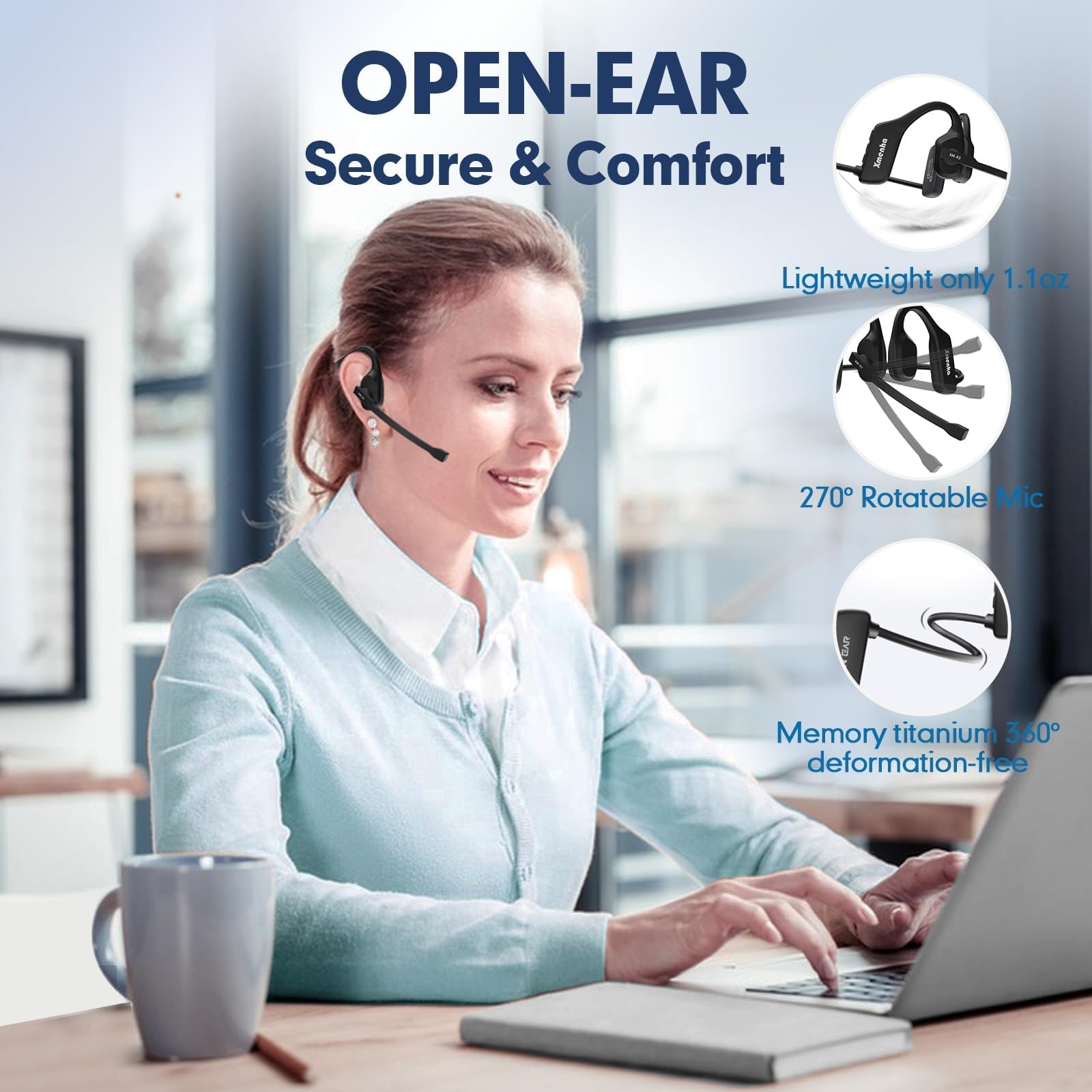**Wireless Bluetooth Headset with Noise Cancelling Microphone – Open Ear Air Conduction Headphones for Work, PC, Laptop, Truck Drivers & Sports – Perfect for Calls, Gaming & Outdoor Activities**