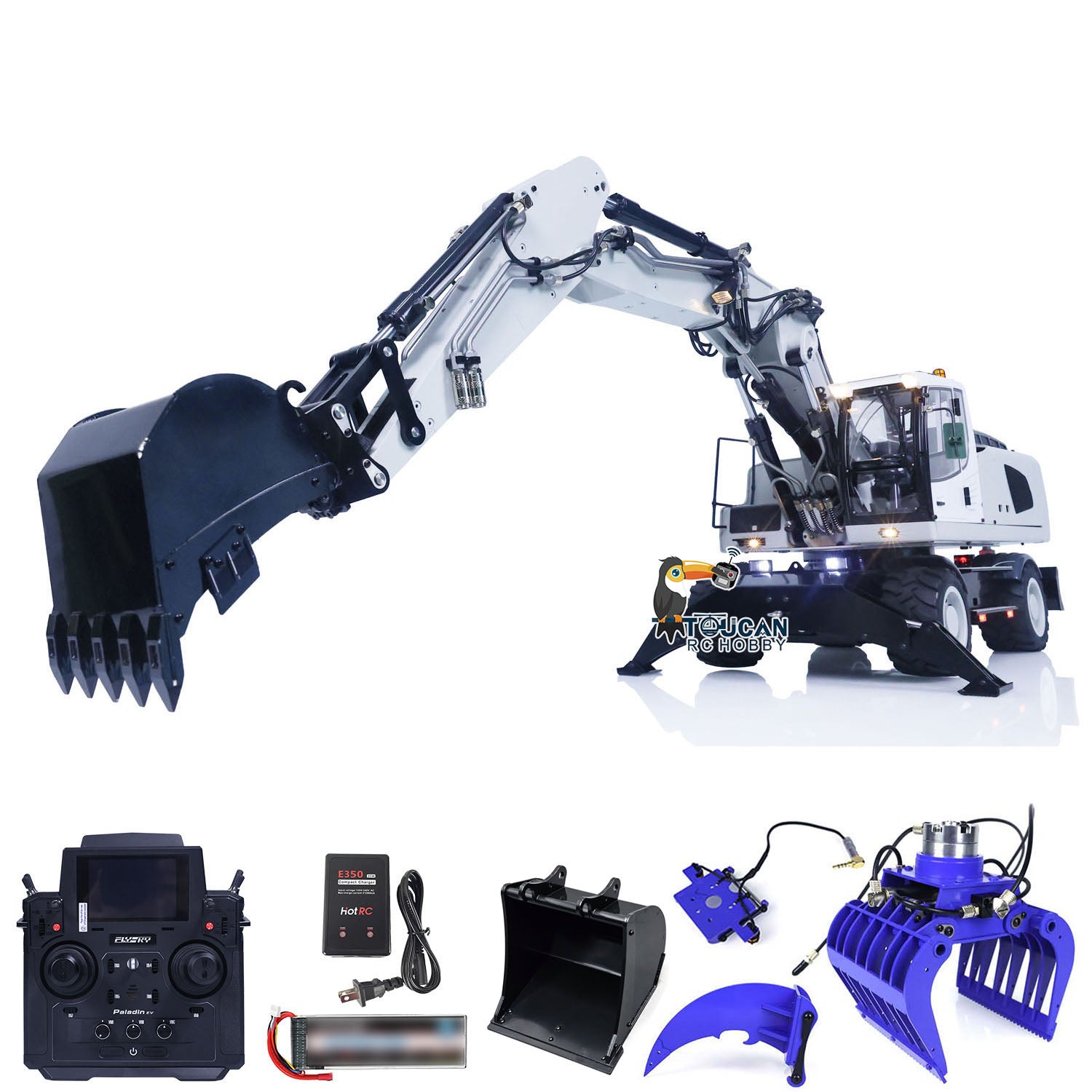1/14 Scale 3-Arm RC Hydraulic Excavator R946 - Metal Wheeled Remote Control Digger Toy with Grab Ripper & Tiltable Clamshell Bucket | Construction Model for Adults & Kids | Perfect for Sandbox Play, Backyard Digging & Hobby Collecting