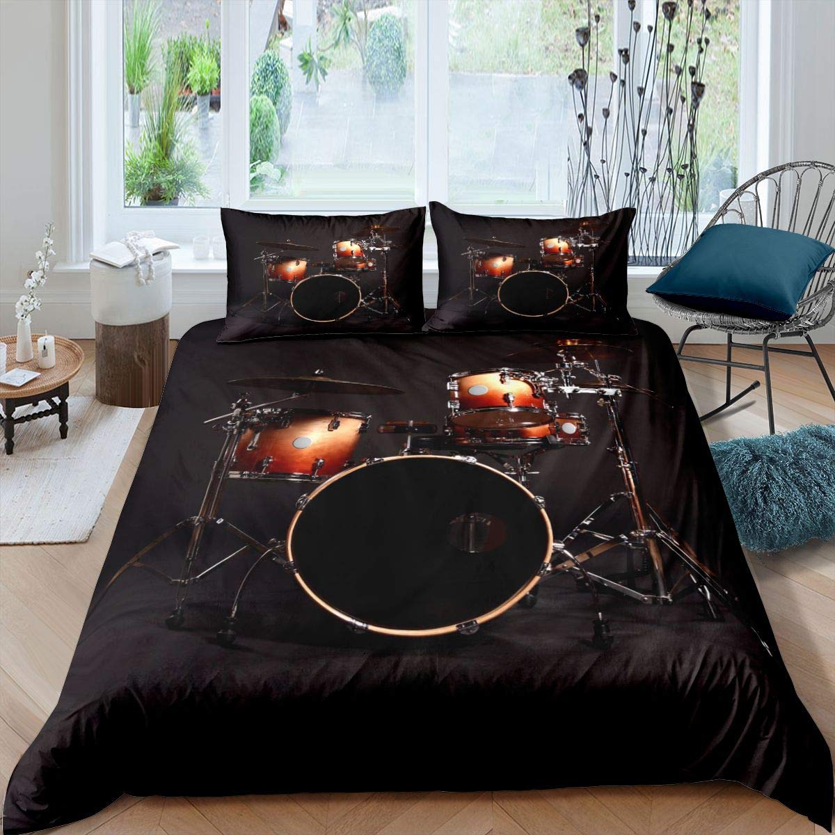 Feelyou Rock Music Theme Comforter Cover Set - Drum Kit Print Bedding for Kids, Boys & Teens - Musical Instrument Duvet Cover with 1 Pillowcase (2Pcs, Twin Size, Black) - Perfect for Music Lovers' Bedrooms & Concert-Themed Decor