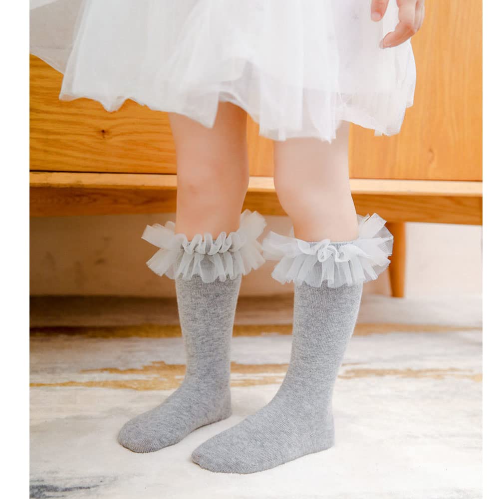 5 Pack Baby Girls High Knee Socks - Soft Tulle Frilly Stockings for Infants & Toddlers - Princess Ruffle Long Socks for Dress Up, Parties & Special Occasions