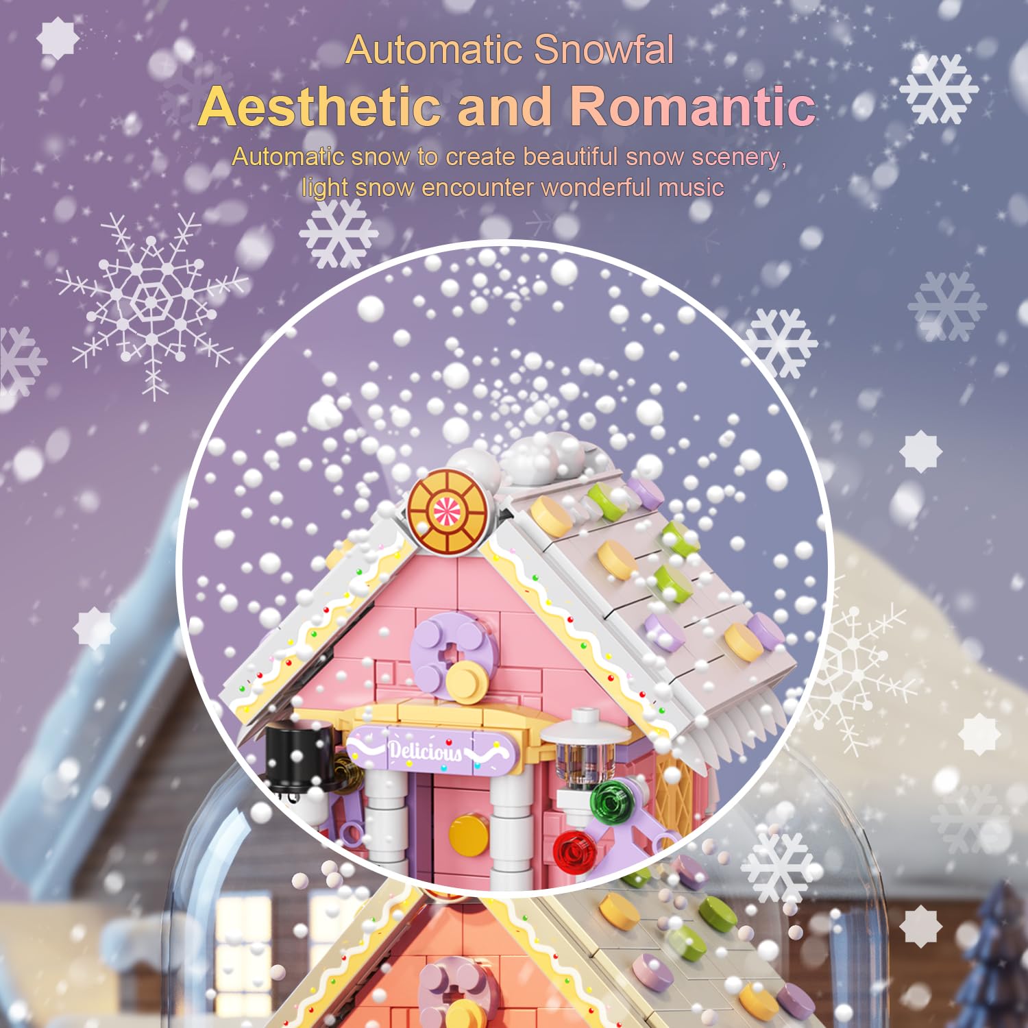 Pink Christmas Music Box Building Blocks Kit with LED Lights & Auto Snowfall - 8 Song Santa House Set, Compatible with Lego - Perfect Holiday Gift for Girls & Kids | Great for Christmas Decor, Playtime & Festive Gifting