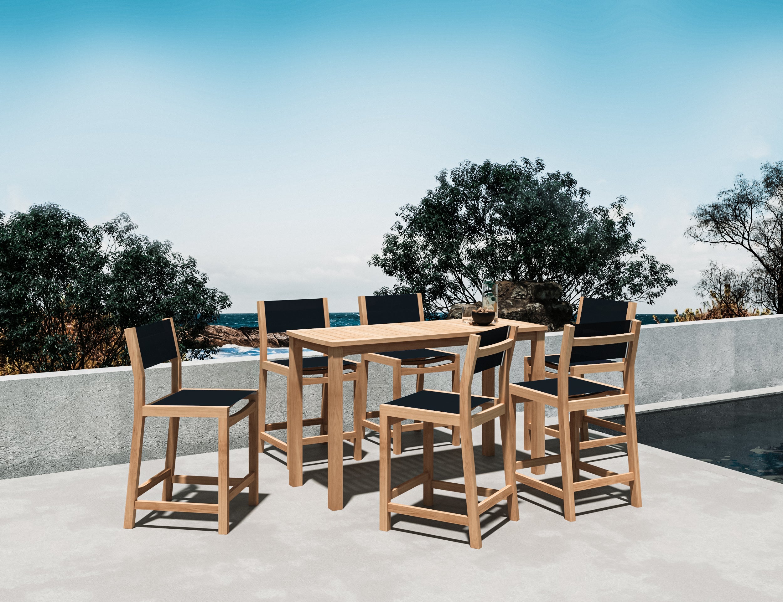 Premium 7-Piece Black Teak Outdoor Dining Set - Rectangular Counter Height Table with Chairs for Patio, Garden, and Poolside Entertaining