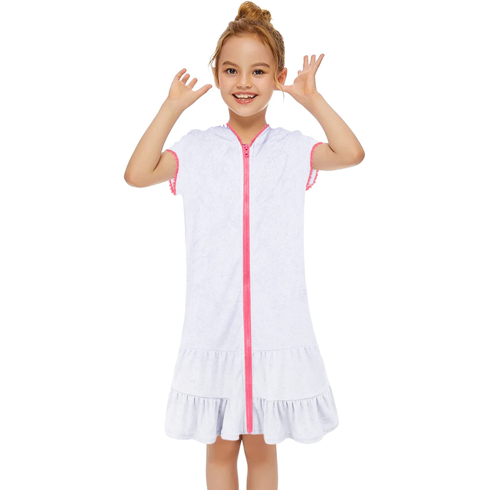 Little Girl Swim Cover Up Hooded Bathrobe - Kids Zip Up Beach Bathing Suit Coverup for Pool & Beach Outings - White
