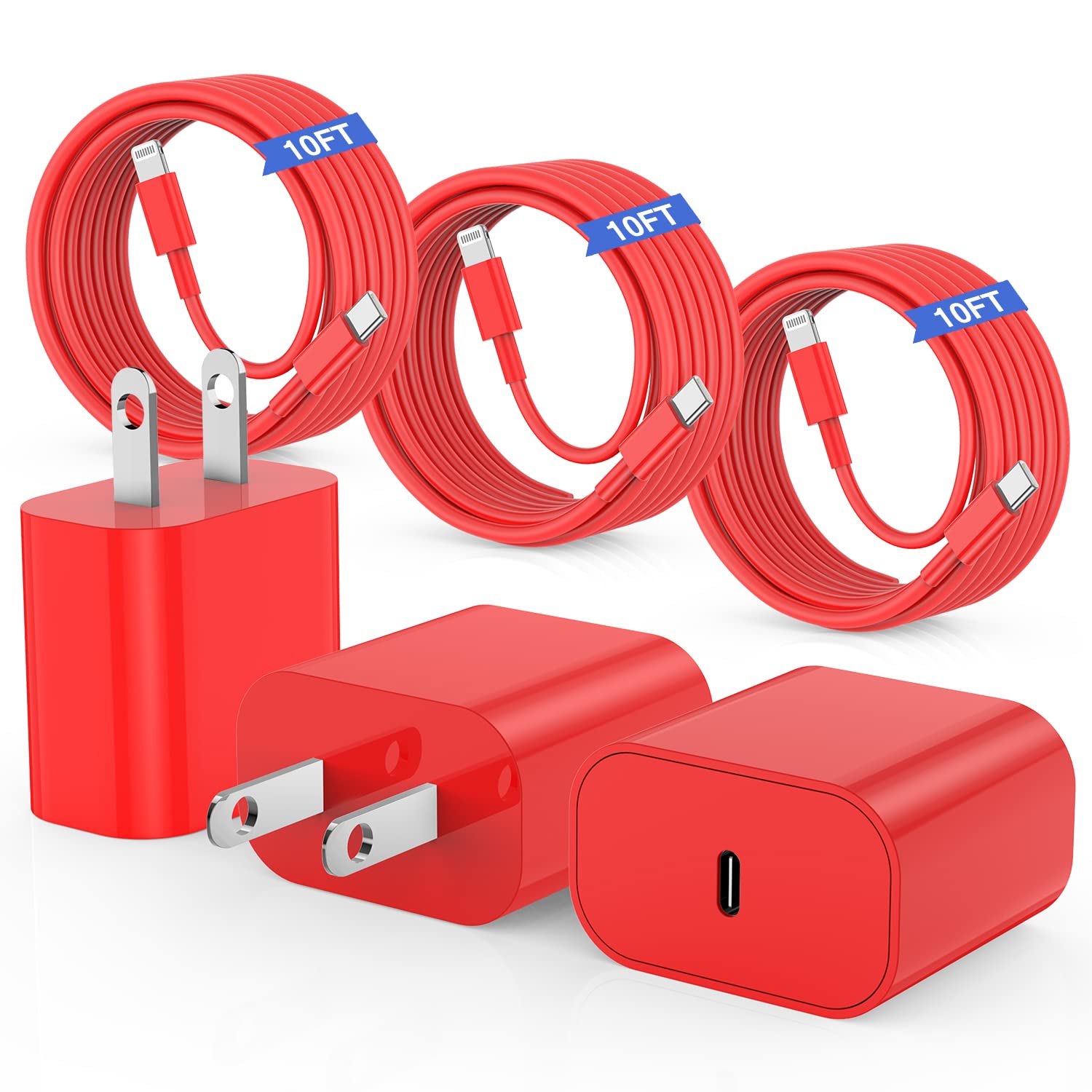 10ft Fast Charging iPhone Cable - 20W USB C Wall Charger with Type C to Lightning Cord for iPhone 14/13/12/11/Pro Max/Plus & iPad - 3 Pack (Red) - Perfect for Home, Office & Travel Charging